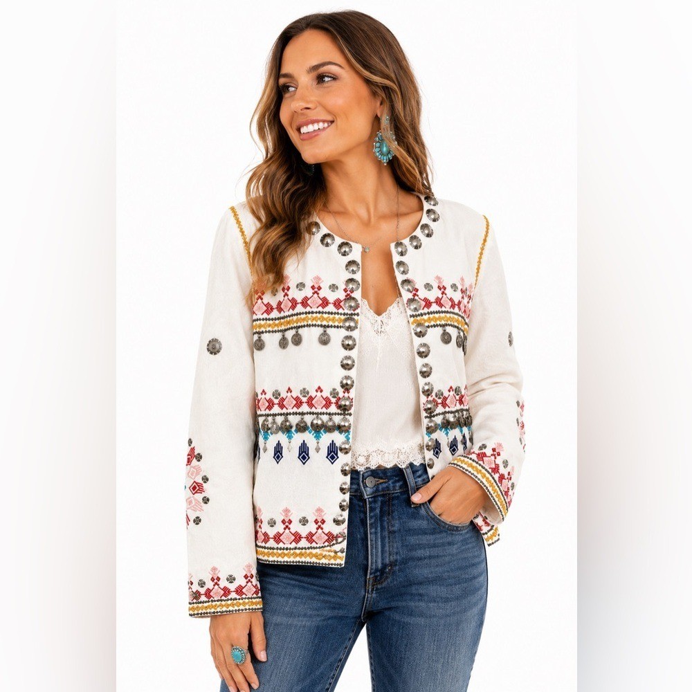 Nina Kaufmann Handmade Embroidered Coin Jacket L Western Festival Ecru NKG2134