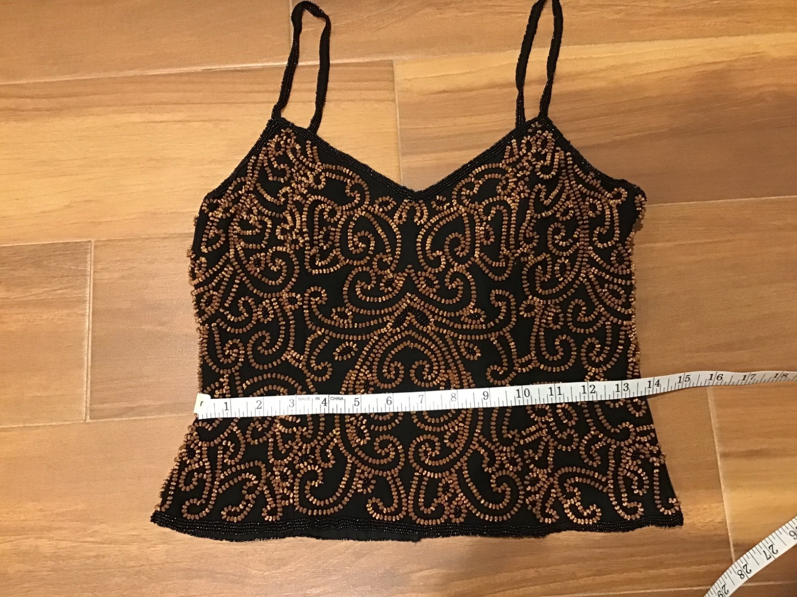 Vintage 90s Cache Black Beaded Cami Top Size 2 Bronze Embellished Boned Corset