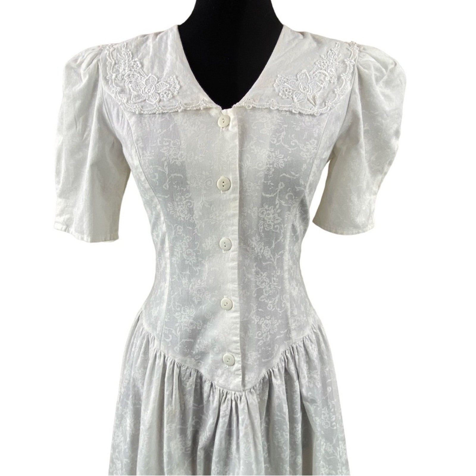 Vintage 80s Short Sleeve Midi Dress Off White Approx Size 4 Floral Lace