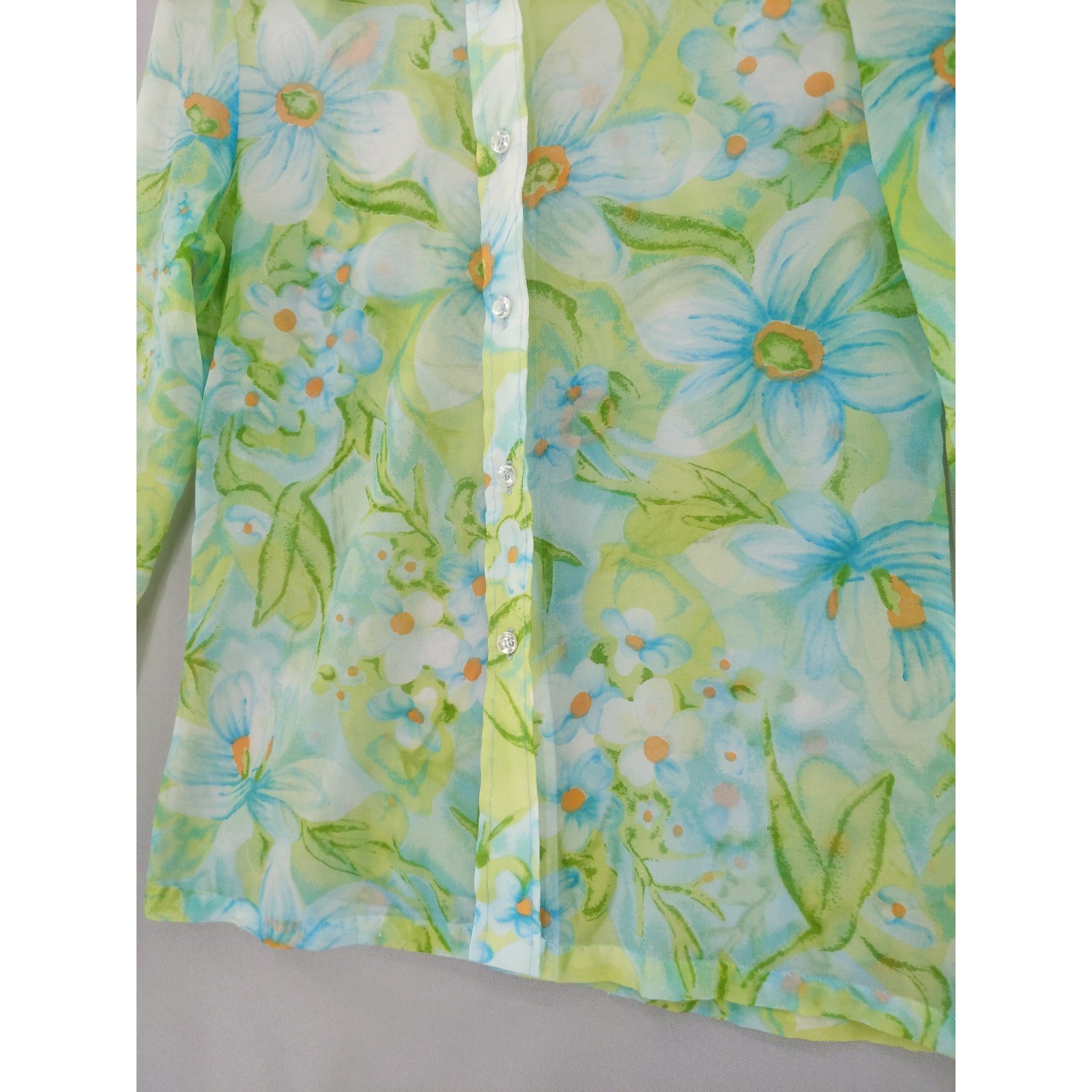 Vintage 70s Two East Button Down Blouse Womens 11/12 Green Blue Floral Sheer