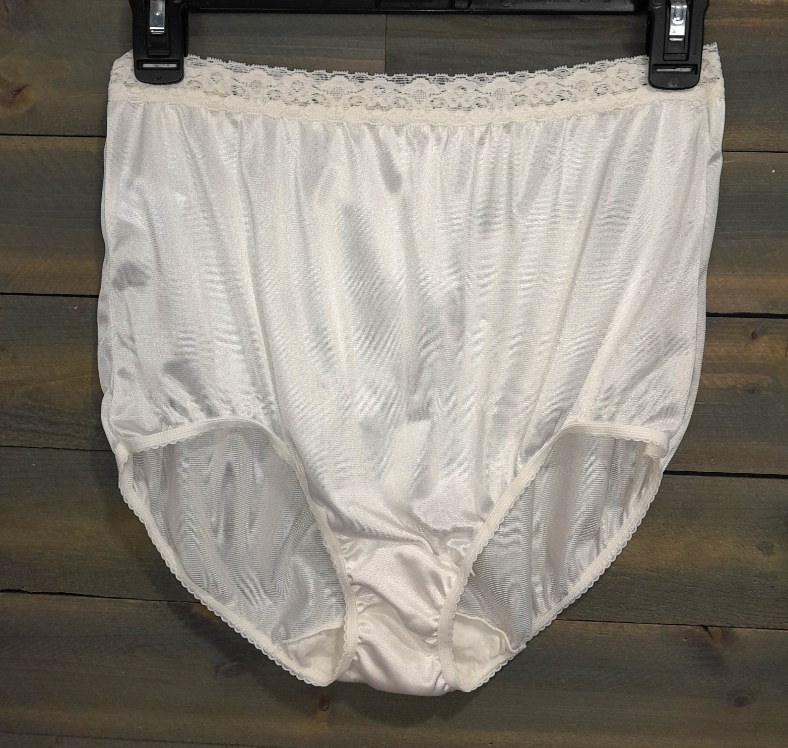 Warners Granny Brief Panty 8 White Shiny Sissy Lace Trim Mushroom Gusset Panties