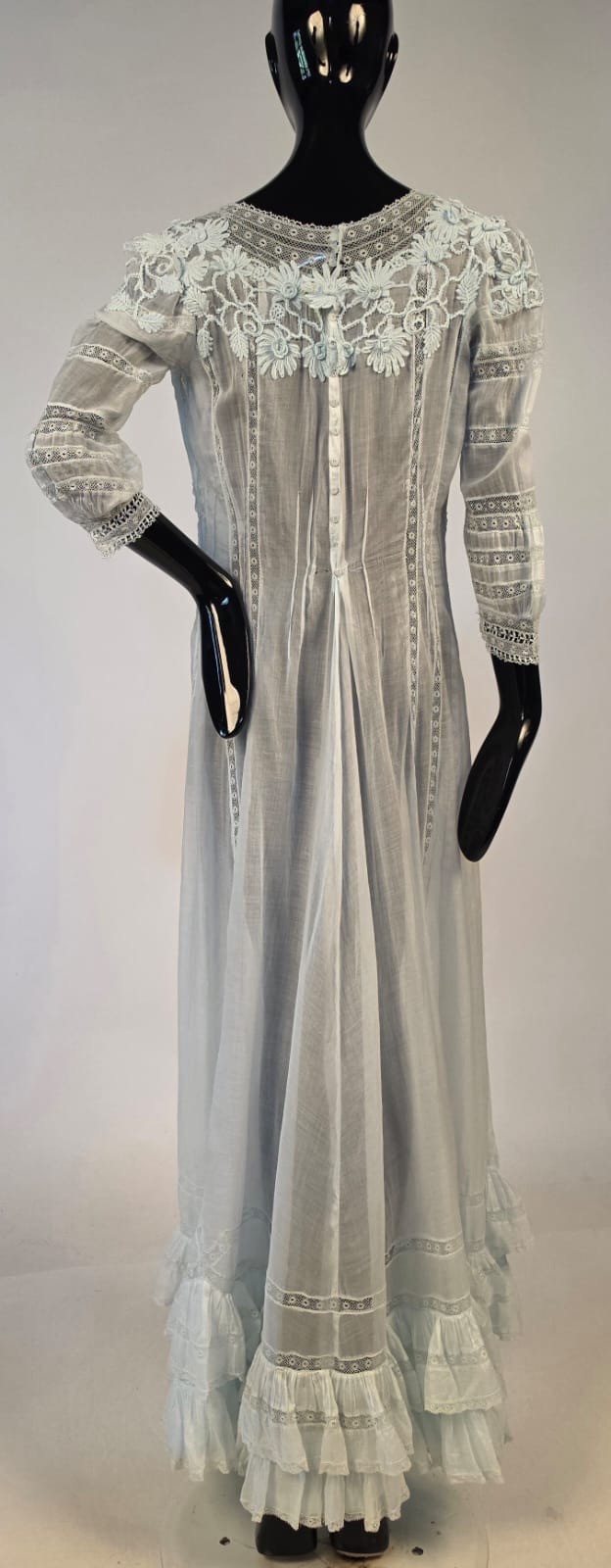 ROMANTIC EDWARDIAN ICE BLUE COTTON DRESS W APPLIED LACE + RUFFLE BOTTOM