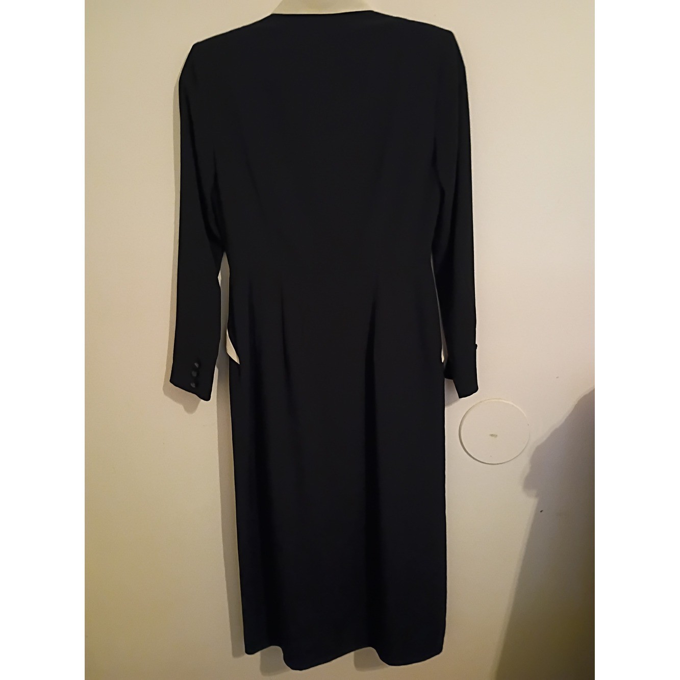 VTG Source Unknown Women&rsquo;s Black Midi Dress with Cream Trim Pleated Sz S