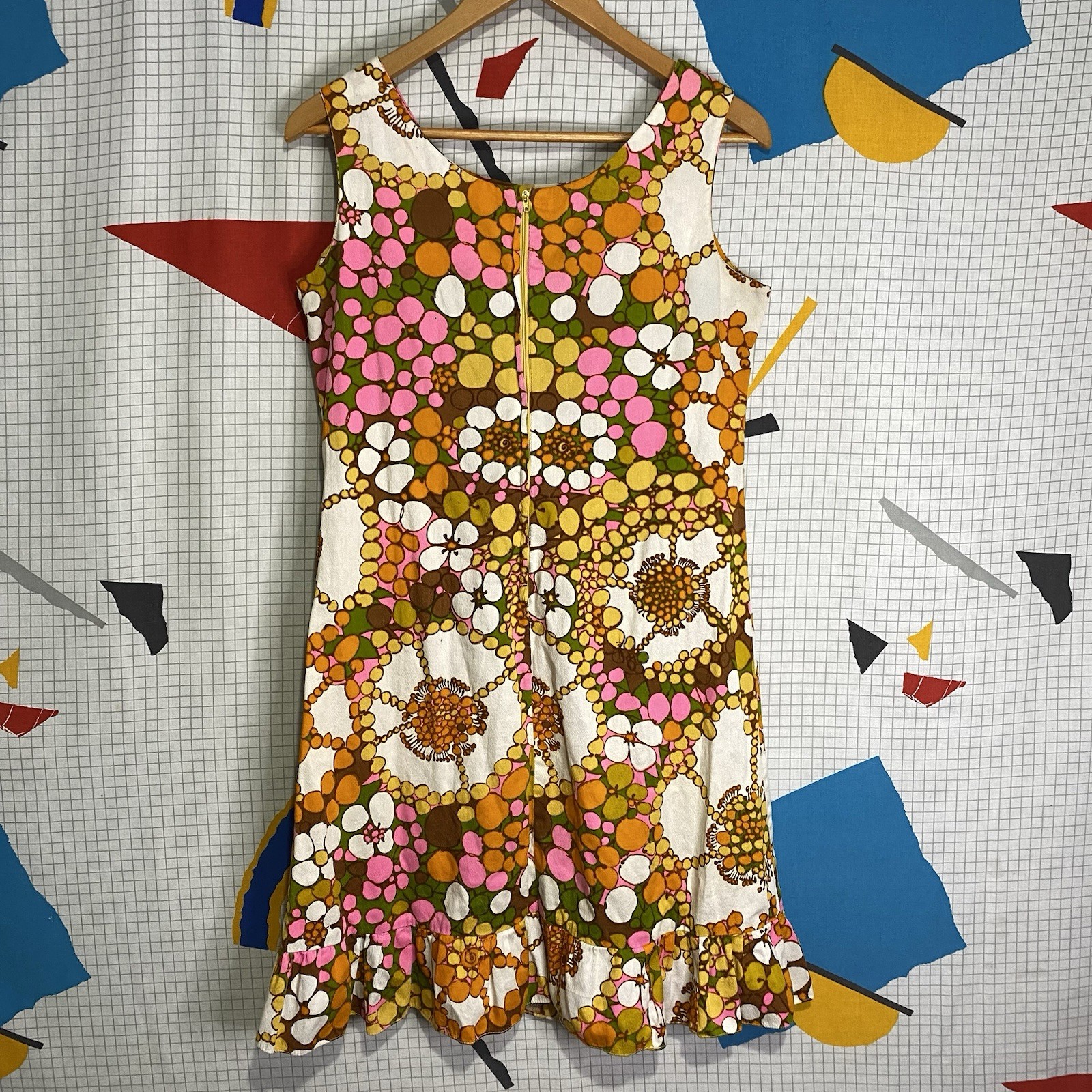 Vintage 60s Mod Mini Dress Gogo Floral Medium Hawaiian Cotton Bark Cloth Hippie