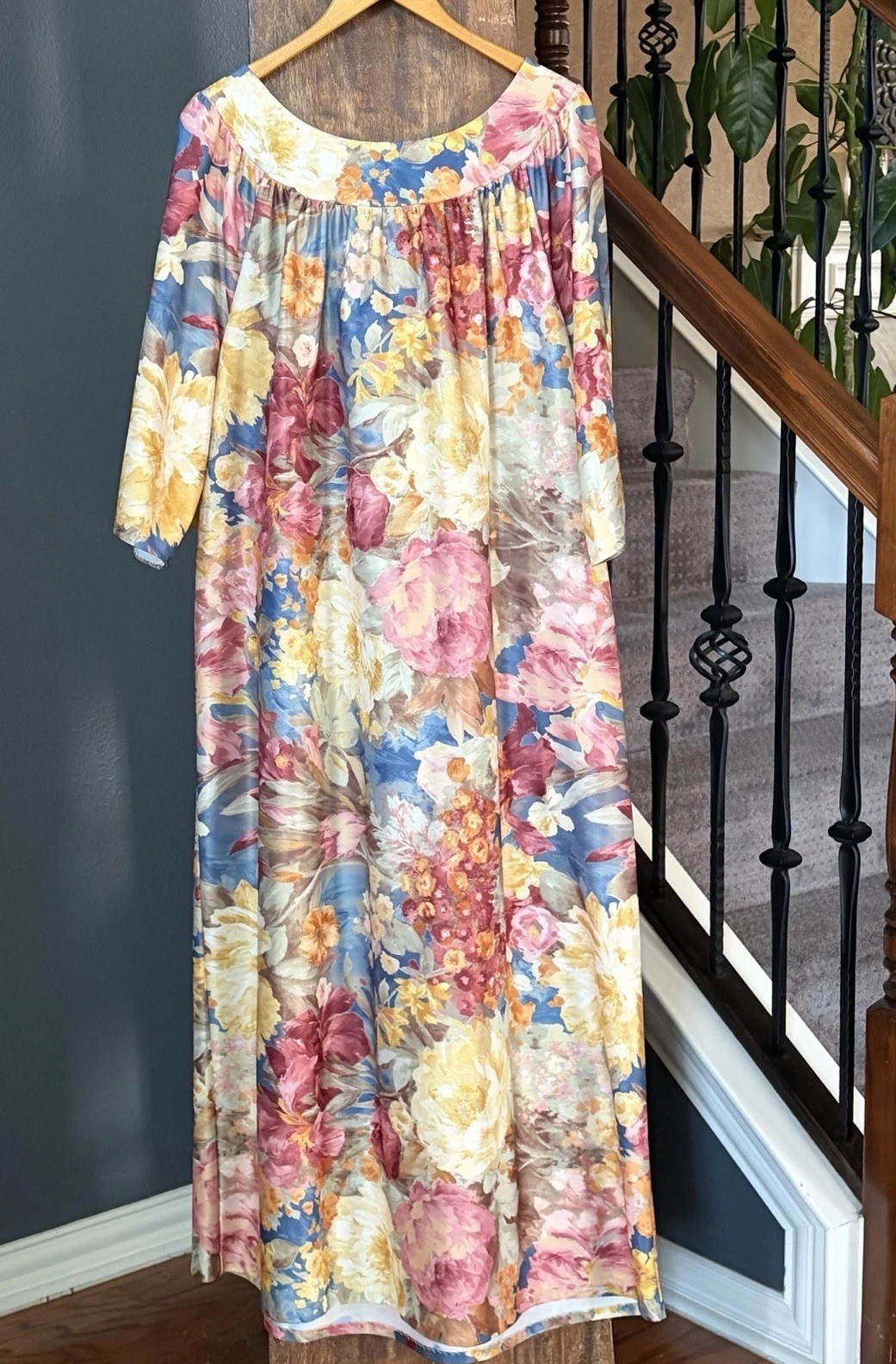 VTG Metropolitan Mumu Tent Dress Caftan Warm Tone Floral Print Size 1X 1 Pocket
