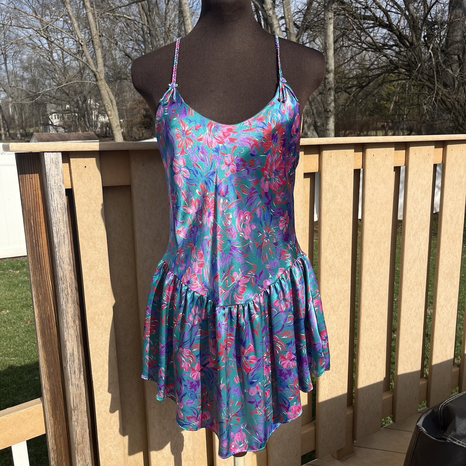 Vtg 90s Val Mode Floral Satin Lingerie Nightie Babydoll Teddy Braided Straps S