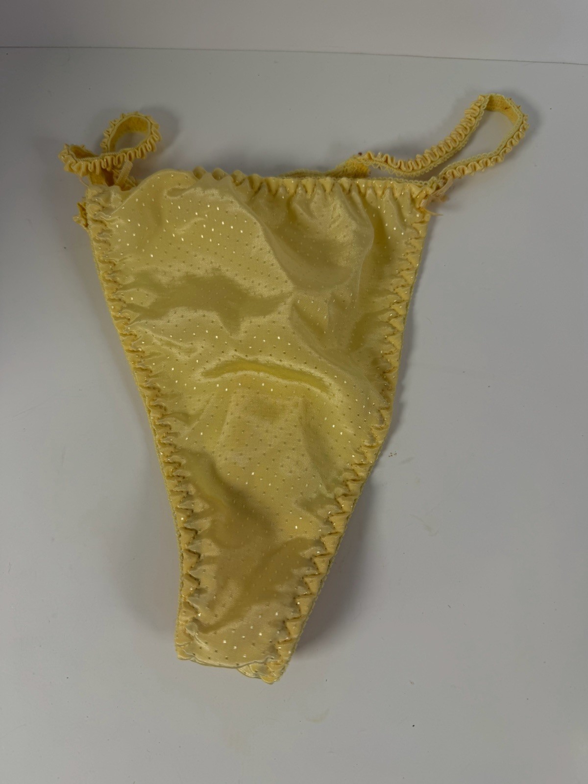 L/7 Ashley Taylor Vintage Satin String Thong Yellow polka dot print second skin