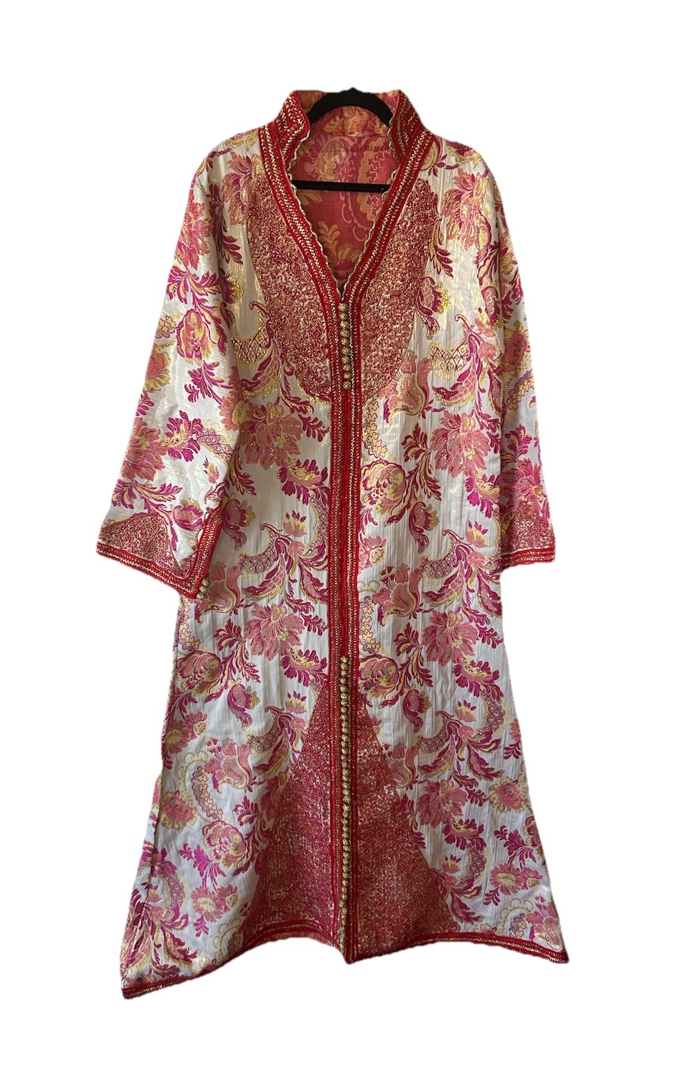 Vintage 1970’s Moroccan Brocade Kaftan Maxi Dress Pink Gold Embroidered L/XL