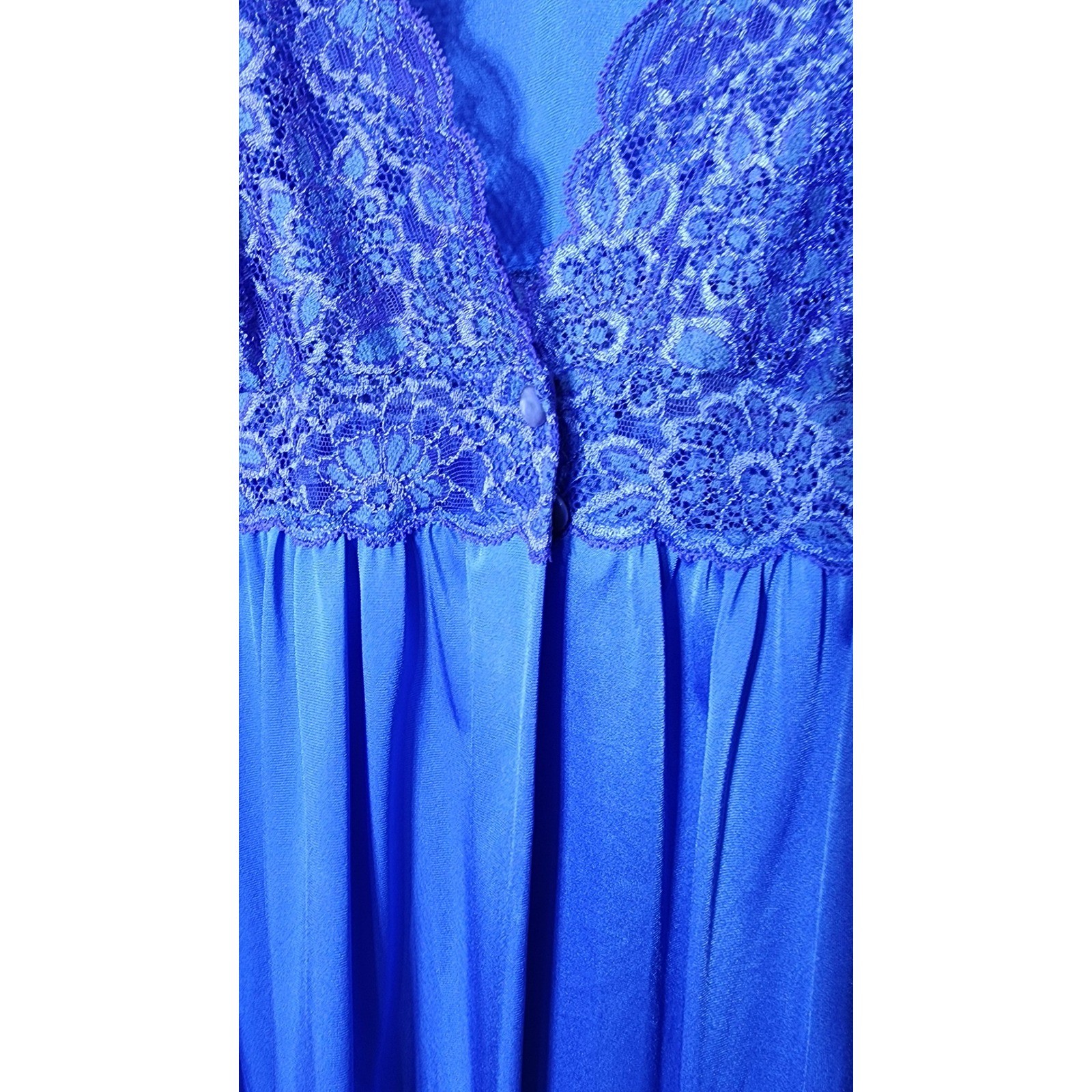 Vintage Lace Trim Nightgown Robe Periwinkle Blue Flutter Sleeve Maxi 70s Style