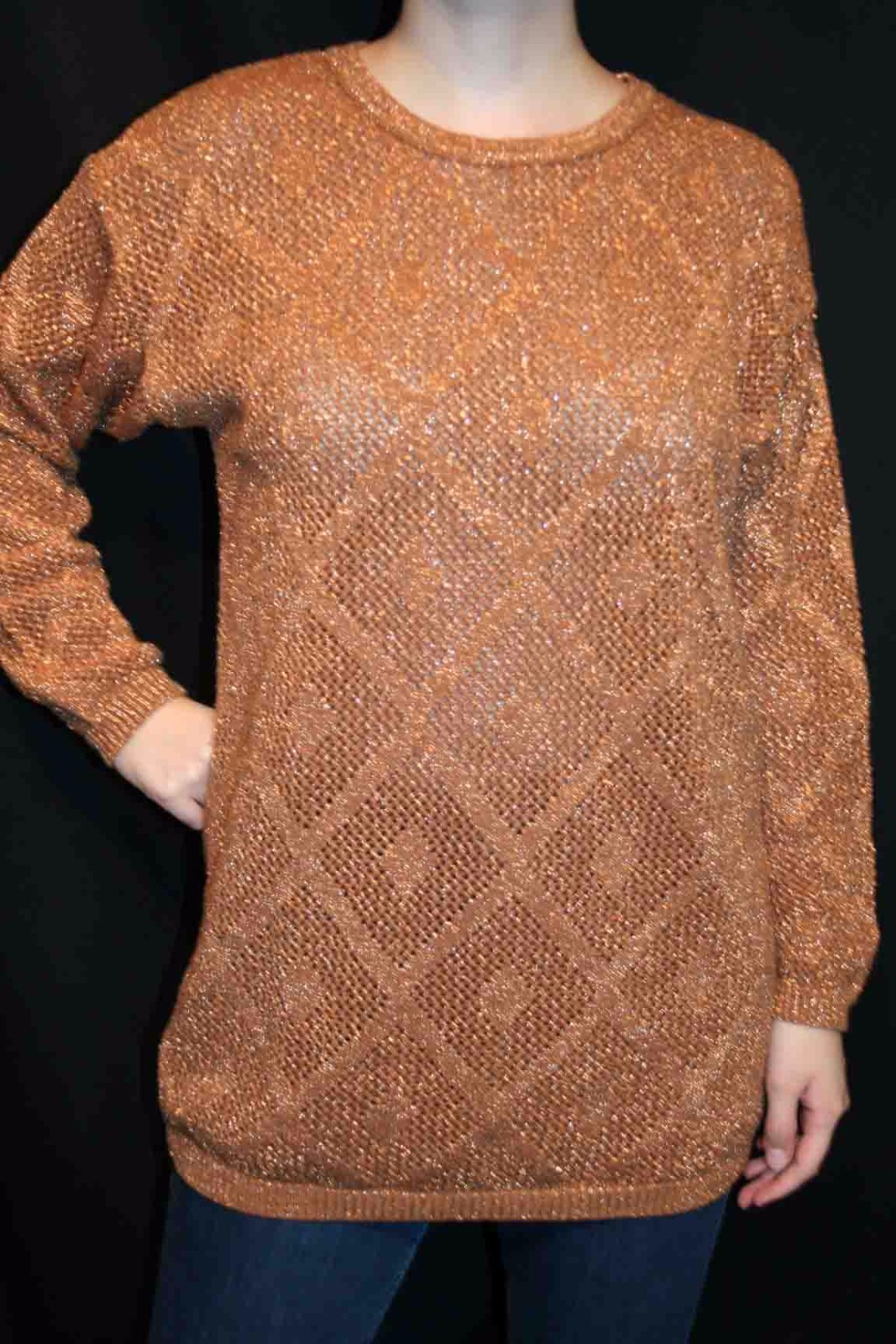 S Vtg 80s Metallic Sweater Copper Geometric Open Knit Cotton David Long Tunic