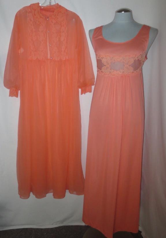 Vtg TexSheen Peginoir Set Medium Sexy Sheer Mango Robe & Nightgown Medium