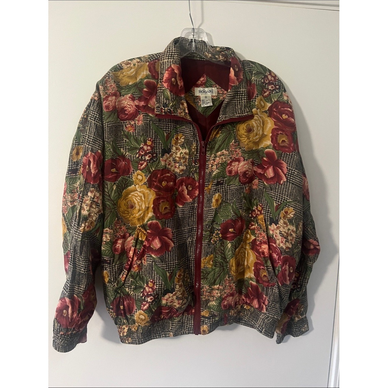 Vintage 90s Bogari Floral 100% Silk Zip Up Bomber Jacket Size Medium