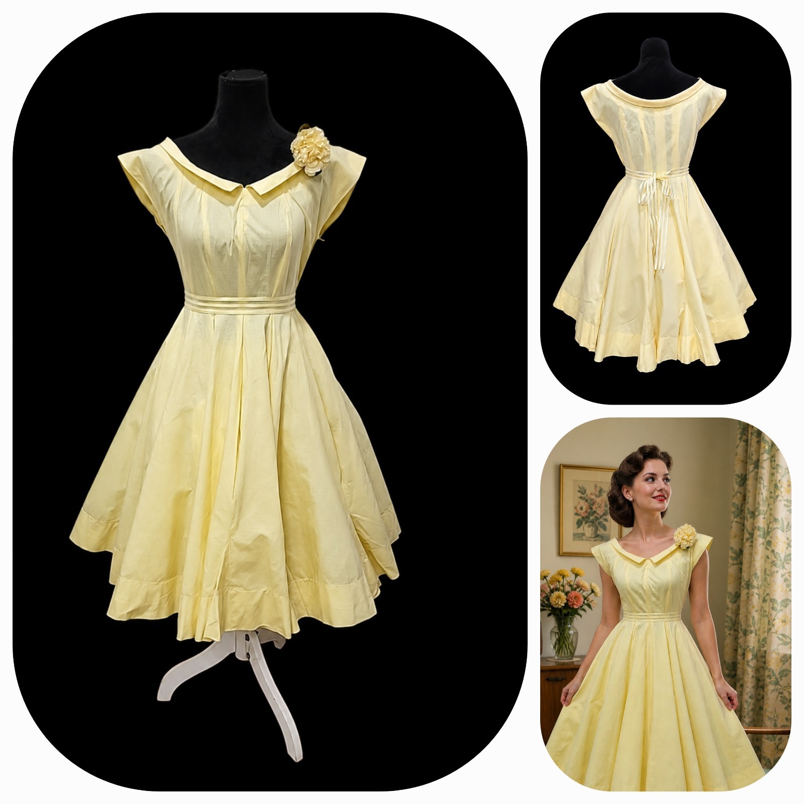Vintage&rsquo;50s Mid Century Yellow Cotton Dress Fit Flare Full Skirt Garden Party