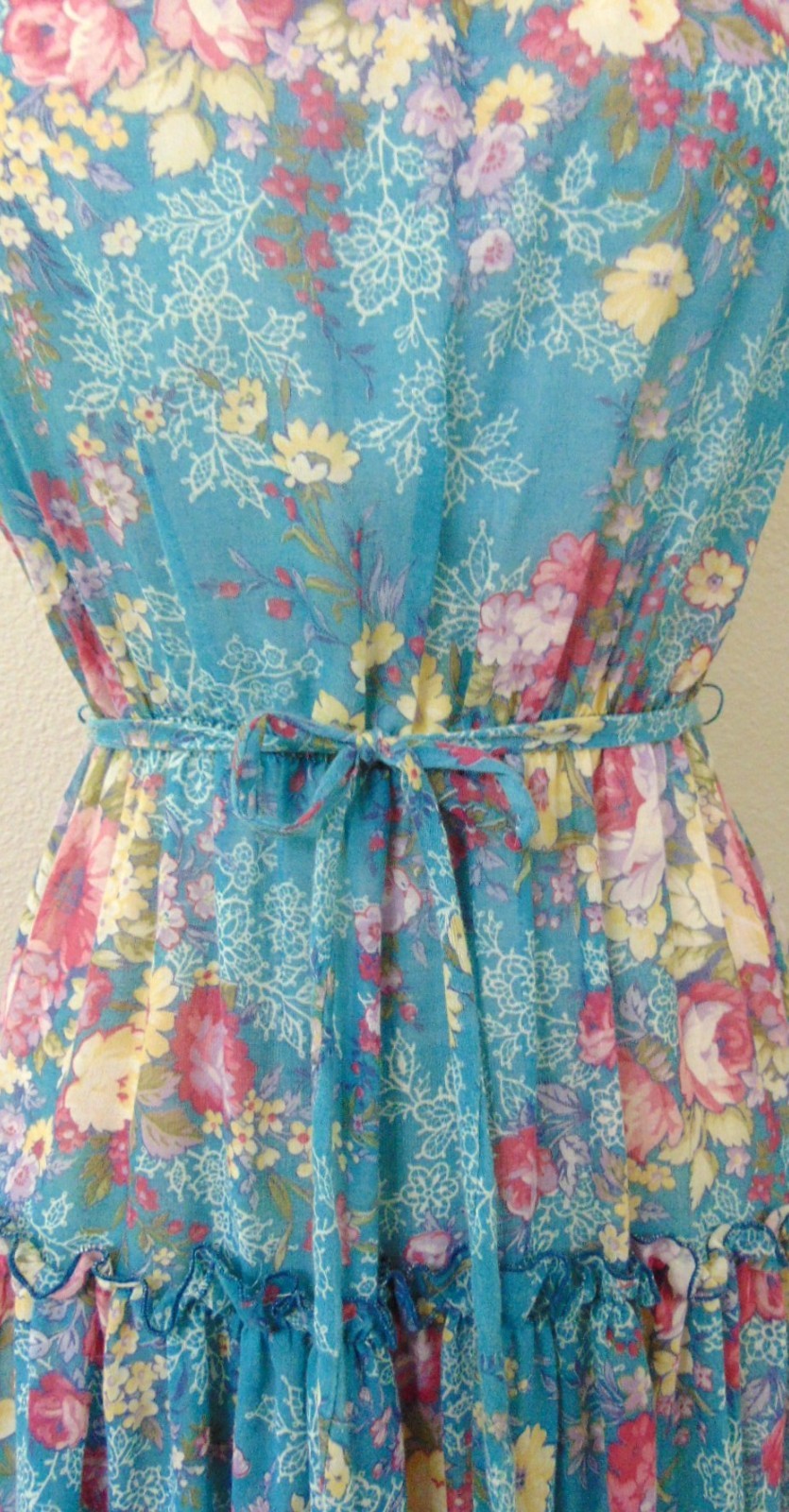 Vtg 70s Cottagecore Prairie Tiered Summer Beach Floral Spaghetti Straps Dress