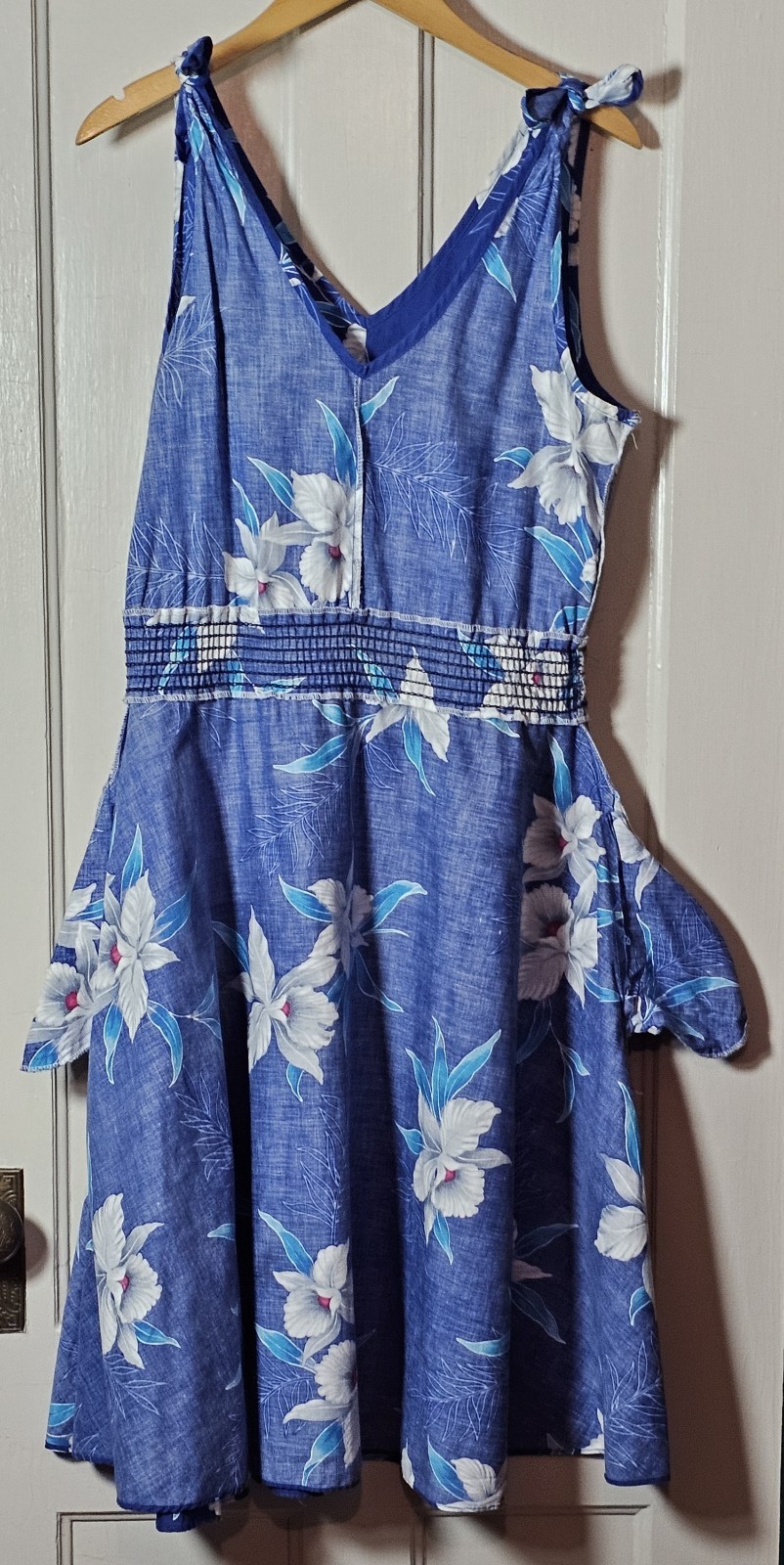 VGT 90s Banana Bay Dress Size M Blue Cotton Tropical Floral Hawaiian Hibiscus