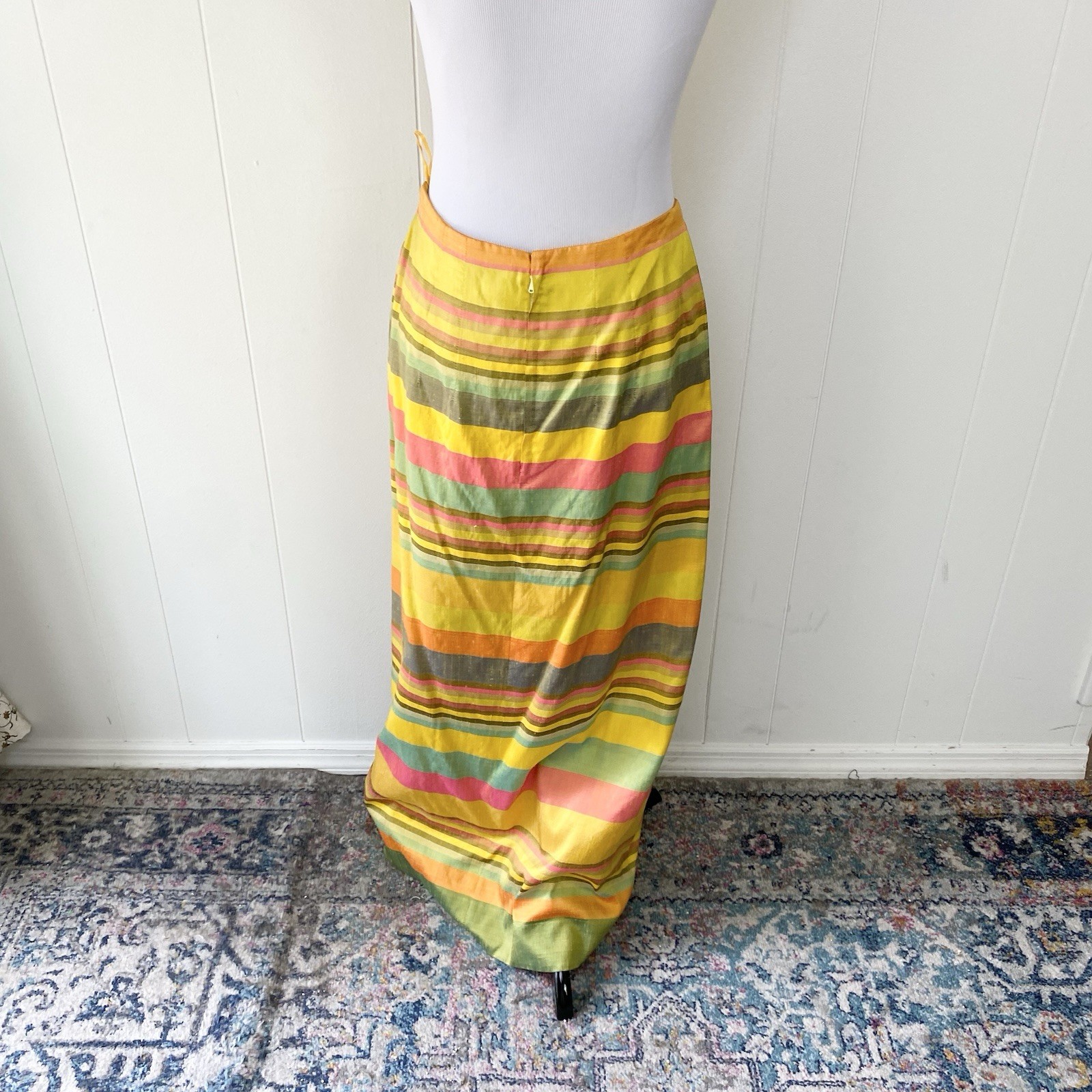 60s 70s Taffeta Multicolor Silk? Striped Maxi Skirt M 28-29” Waist Handmade