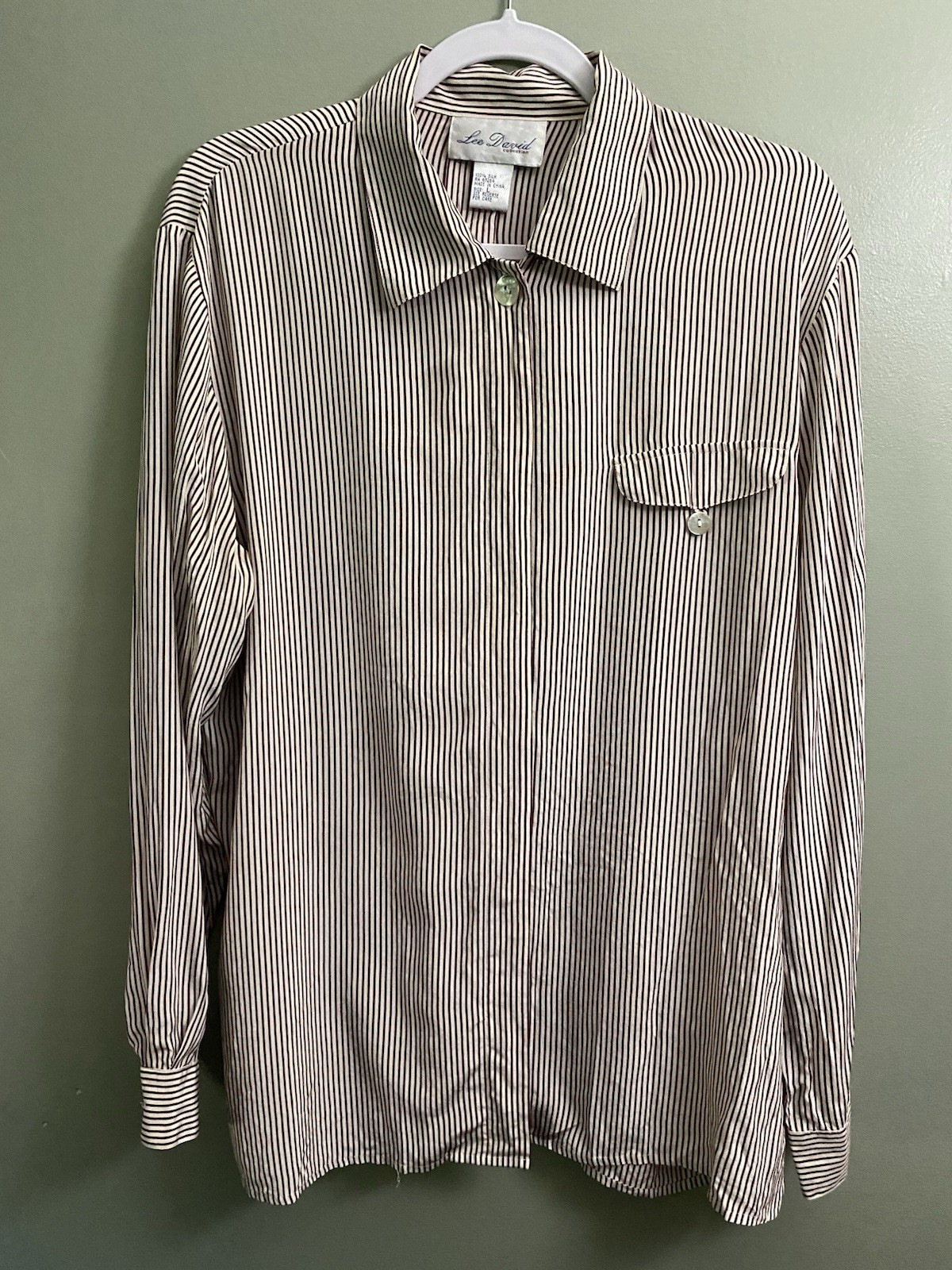 Vintage Lee David Woman Collection L 100% Silk Striped Front Pockets Shirt Top