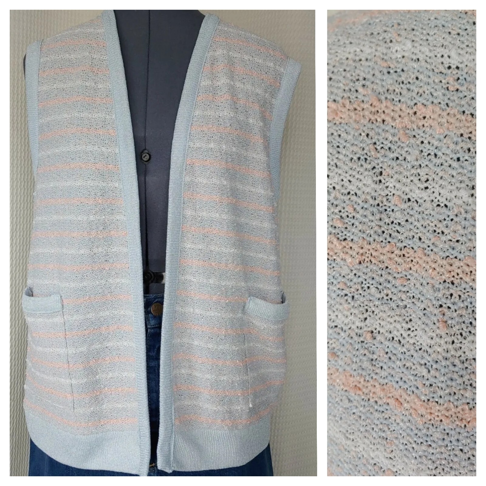 Vintage Devon Light Blue, Peach & White Striped Acrylic Sweater Vest Size Large