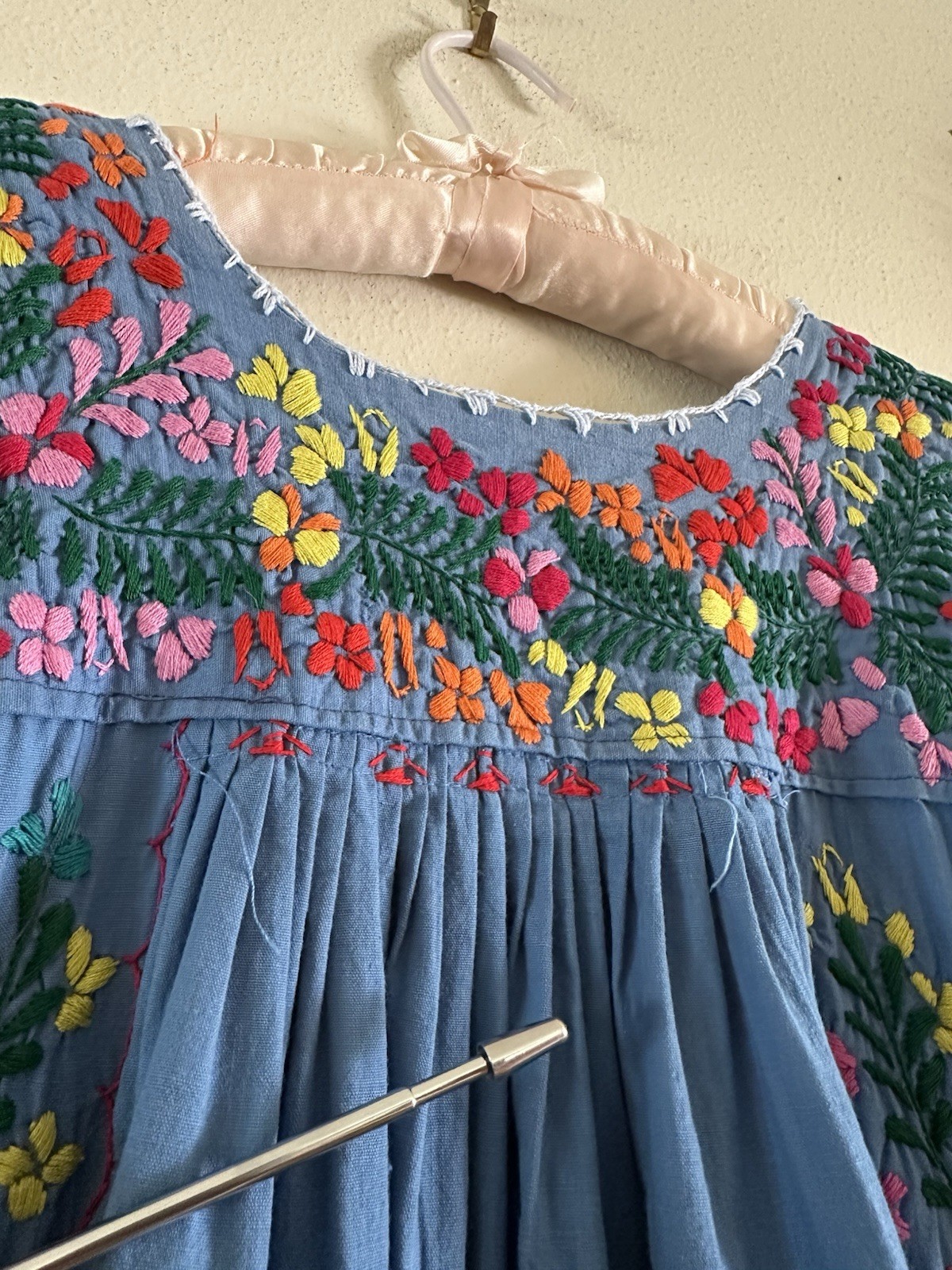 1970s Blue Cotton Oaxacan Mexican Huipil Dress Embroidered Floral Maxi Sz S VTG