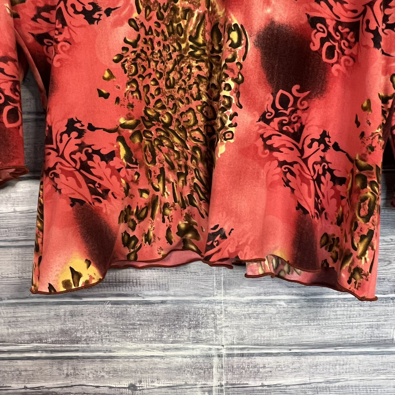 Vintage 70s Kenneth Jay Lane Size L Large Blouse Orange Red Cheetah Women