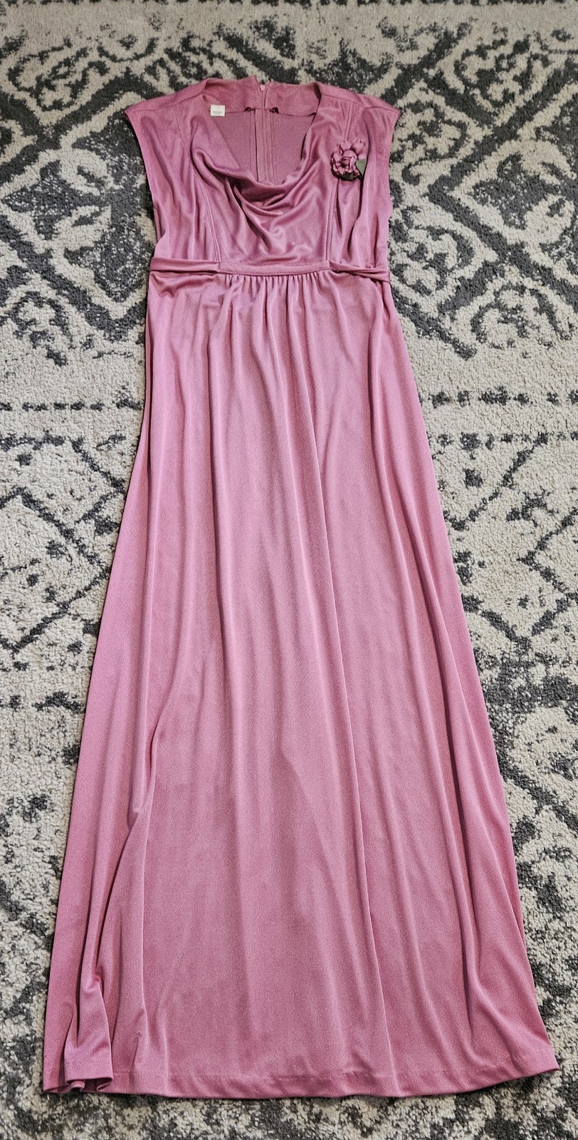 Vintage Mauve Pink Cowl Neck Maxi Dress Floral Rosette Formal Gown Sleeveless