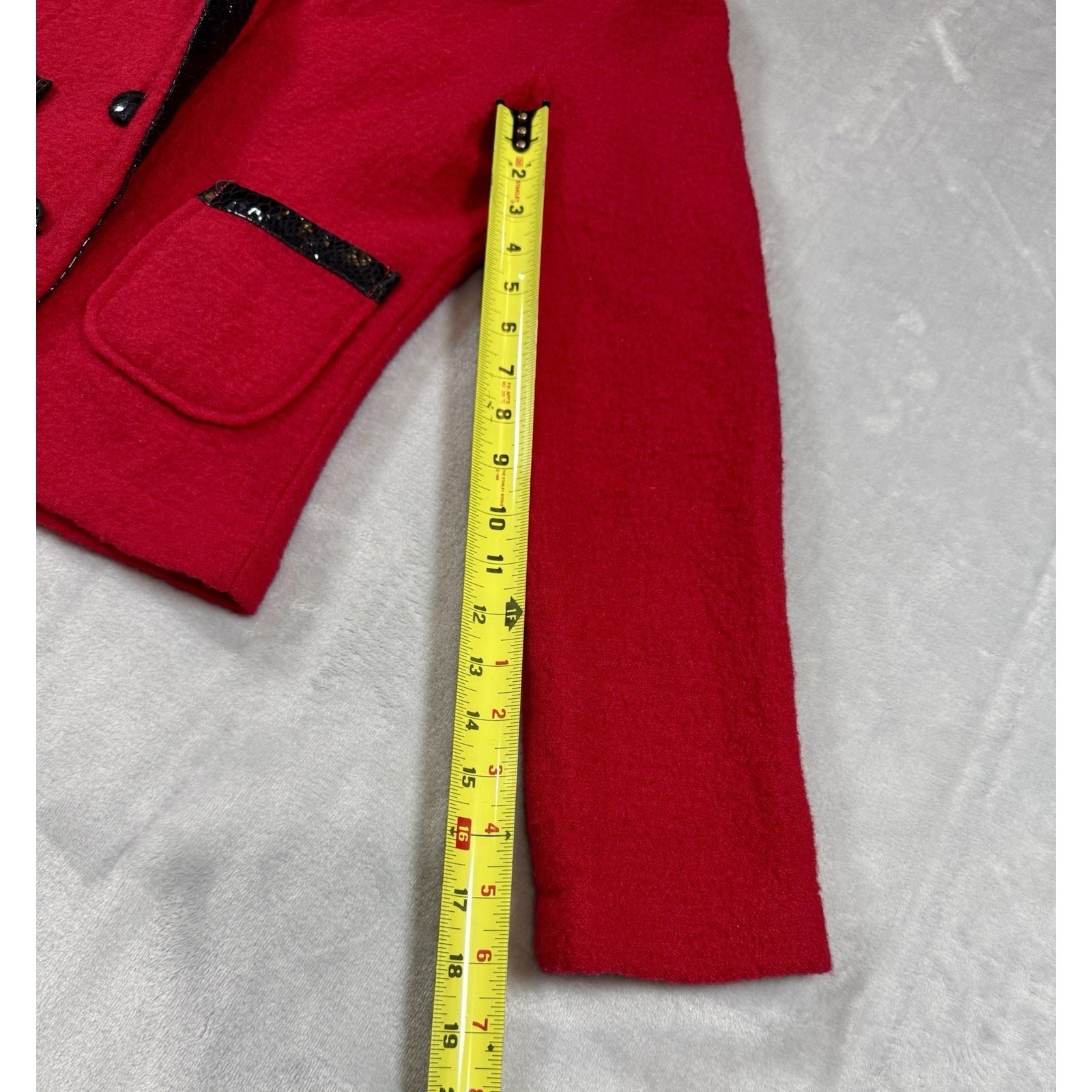 Vintage 1980s Red Wool Jacket Black Leather Trim Boutique Essentials Small