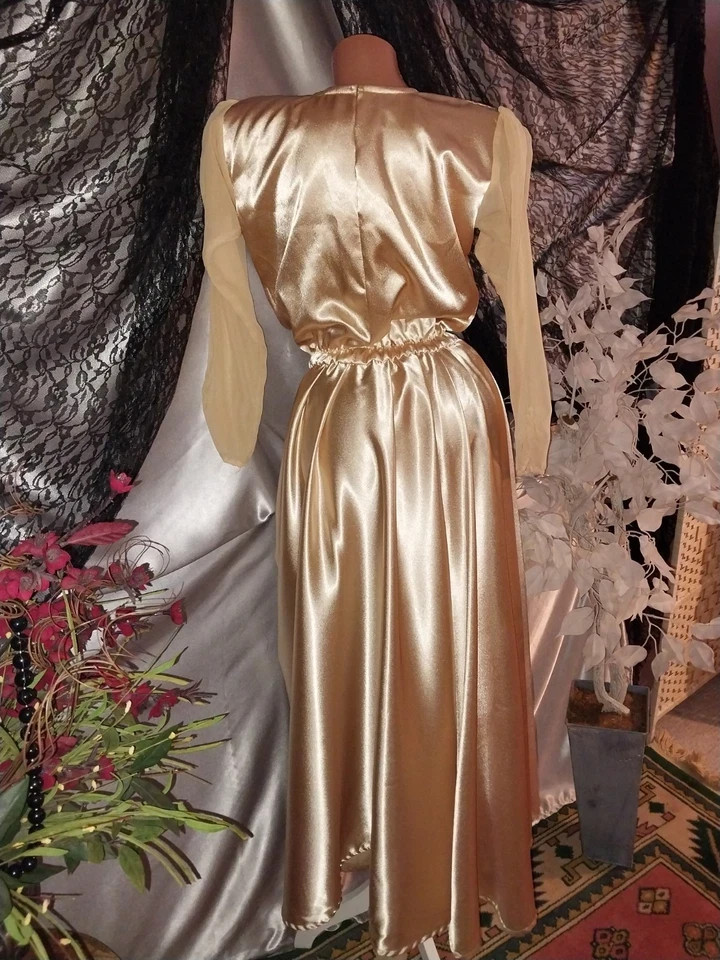 VTG REAL SATIN GOLD LAME 400&Prime; SWEEP 40S STYLE Wedding EVENING MAXI GLAM Dress 38