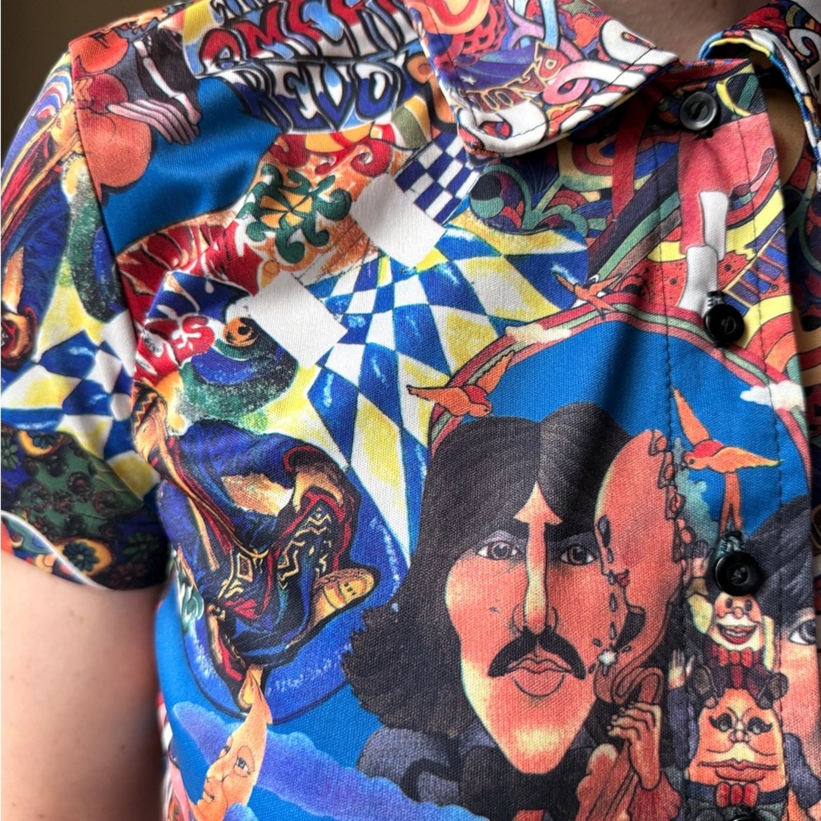 Vintage 90s Psychedelic Beatles Print Shirt | Pop Art Graphic Button Up | S/M