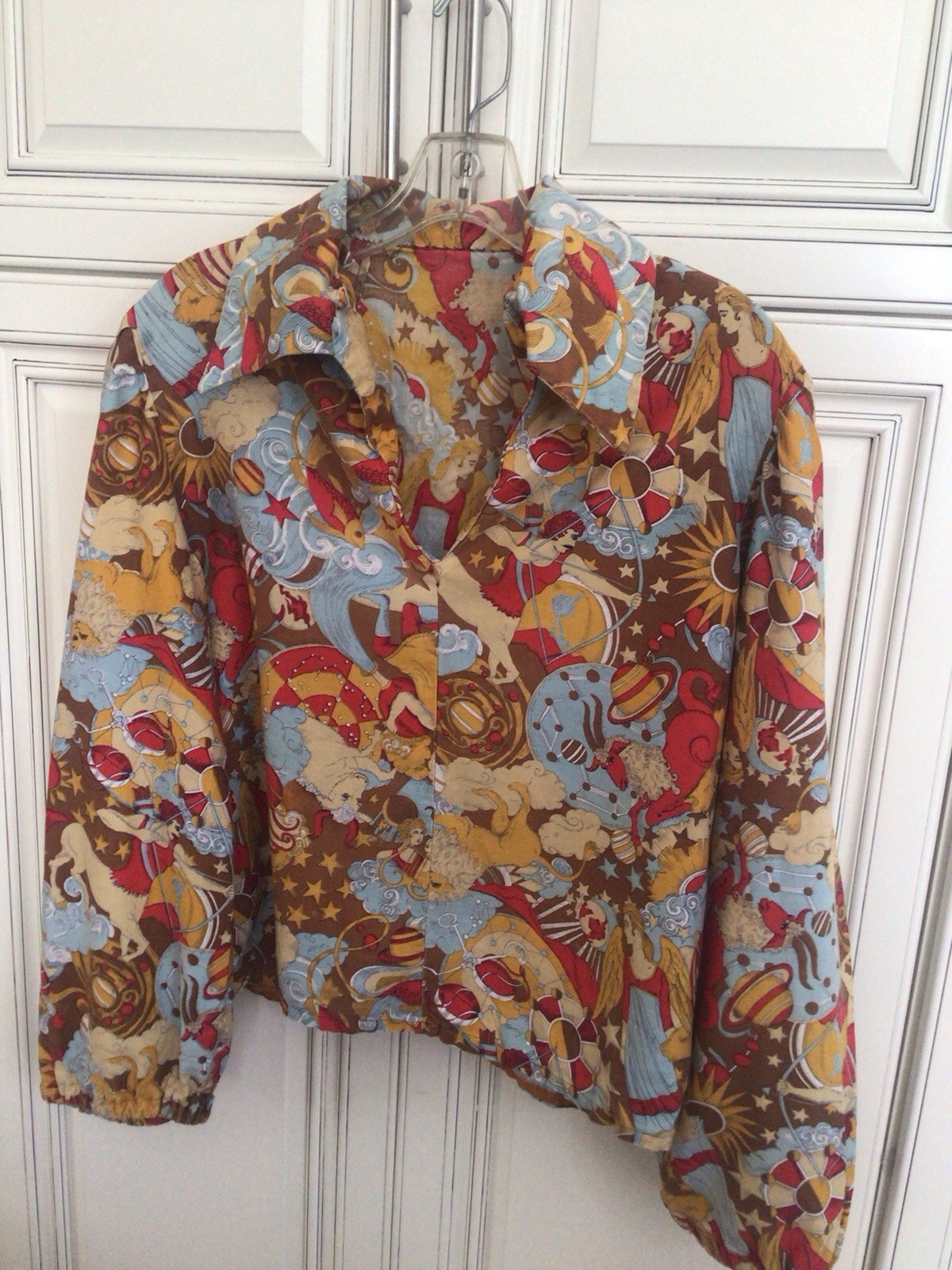 Vintage 1960s 70s Pop Art Astrology Horoscope Cartoon Print Cotton Shirt Blouse