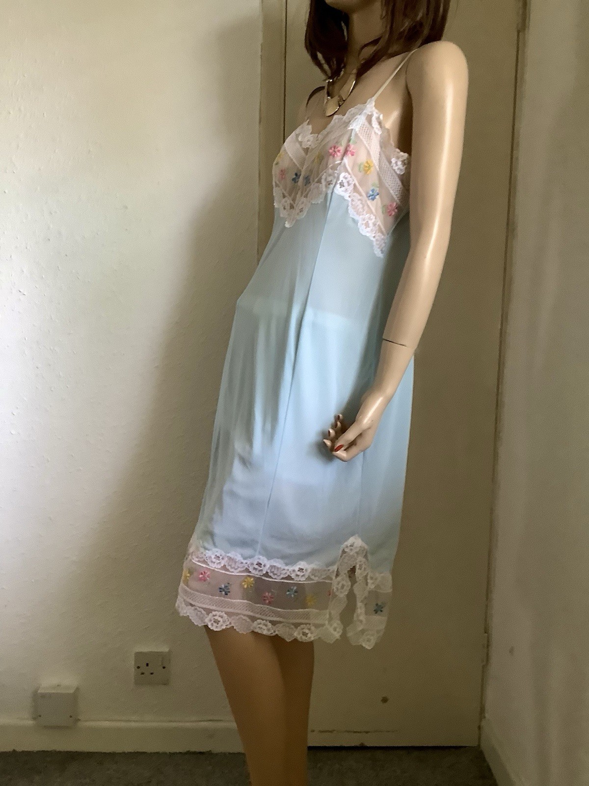 Vtg Mint Sheer Perlon Nylon Deep MultColoured Lace Full Slip Petticoat 14 (EU 42