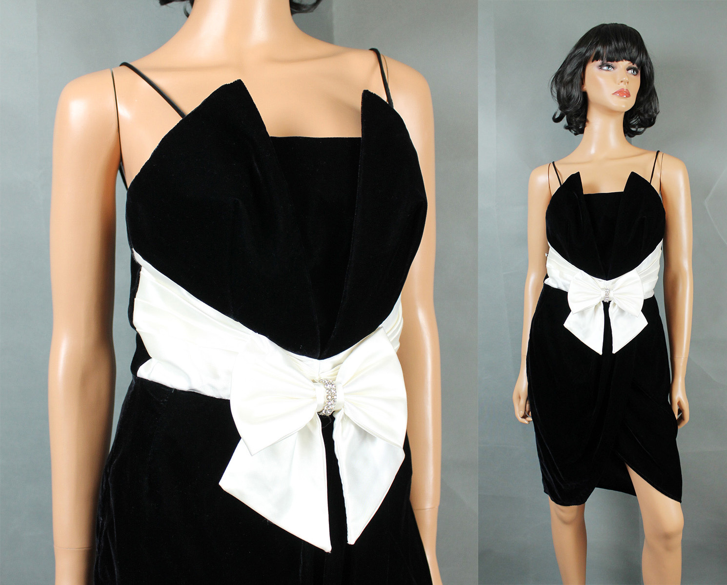 80s Prom Gown XS Vintage Black Velvet White Satin Sleeveless Mini Dress Short