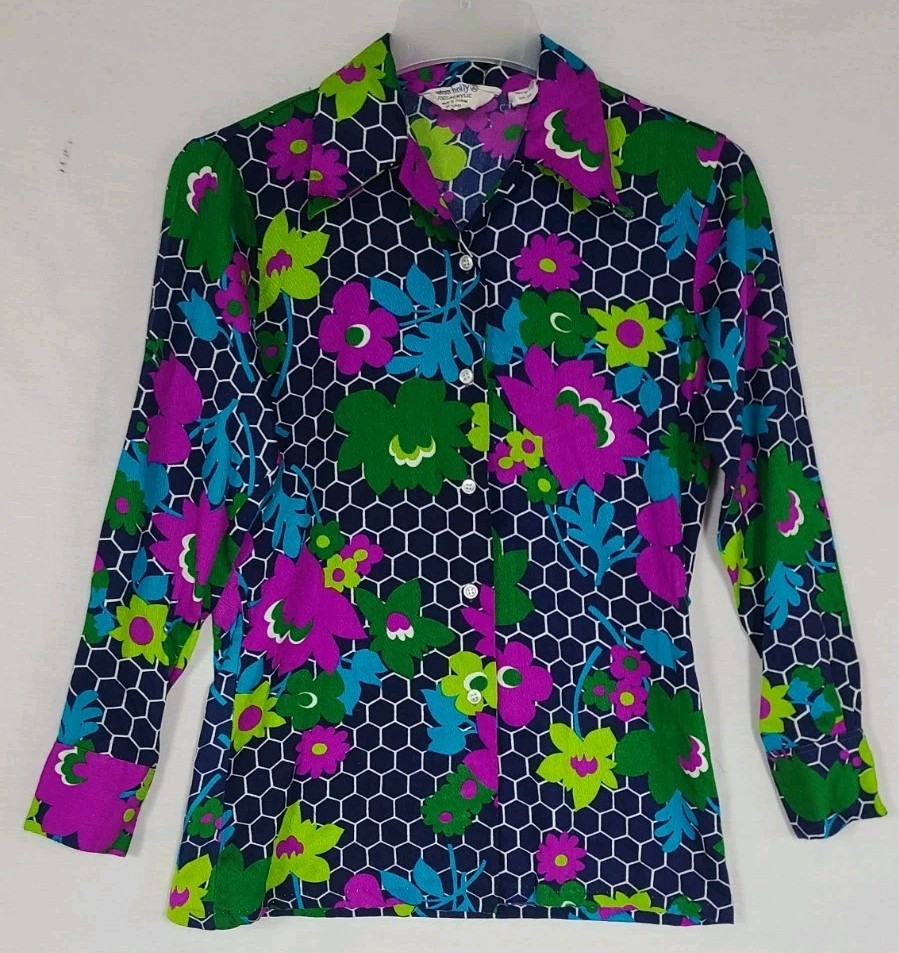 Vtg Womens 70s Miss Holly Honeycomb Floral Button Front Top Shirt Belt Loops