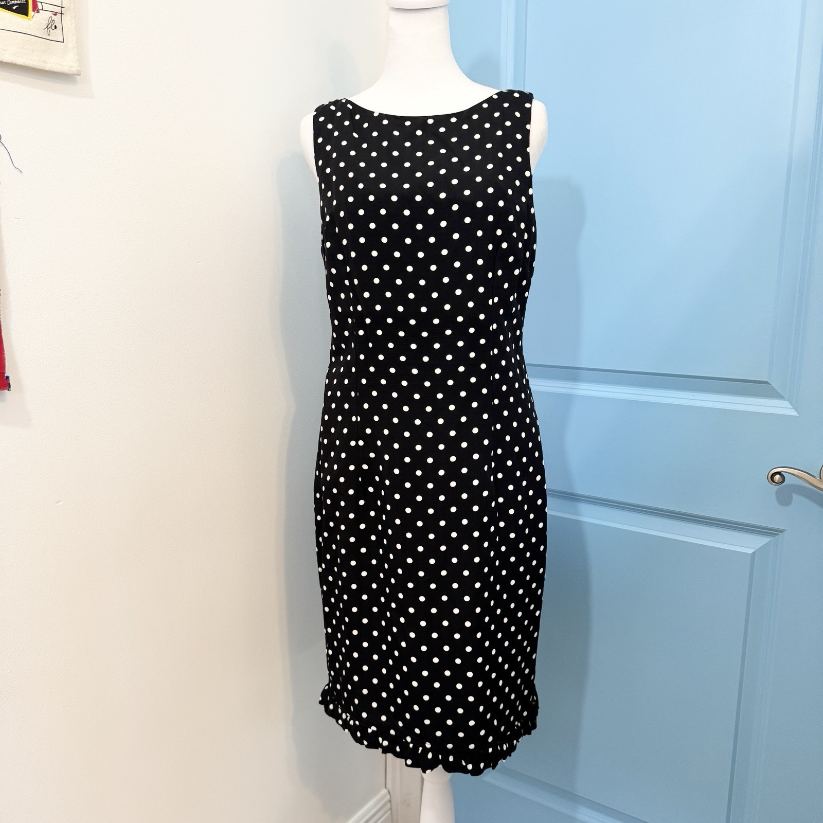 Vintage S.L. Fashions Dress Womens 12 Black White Polka Dot V Back Made USA