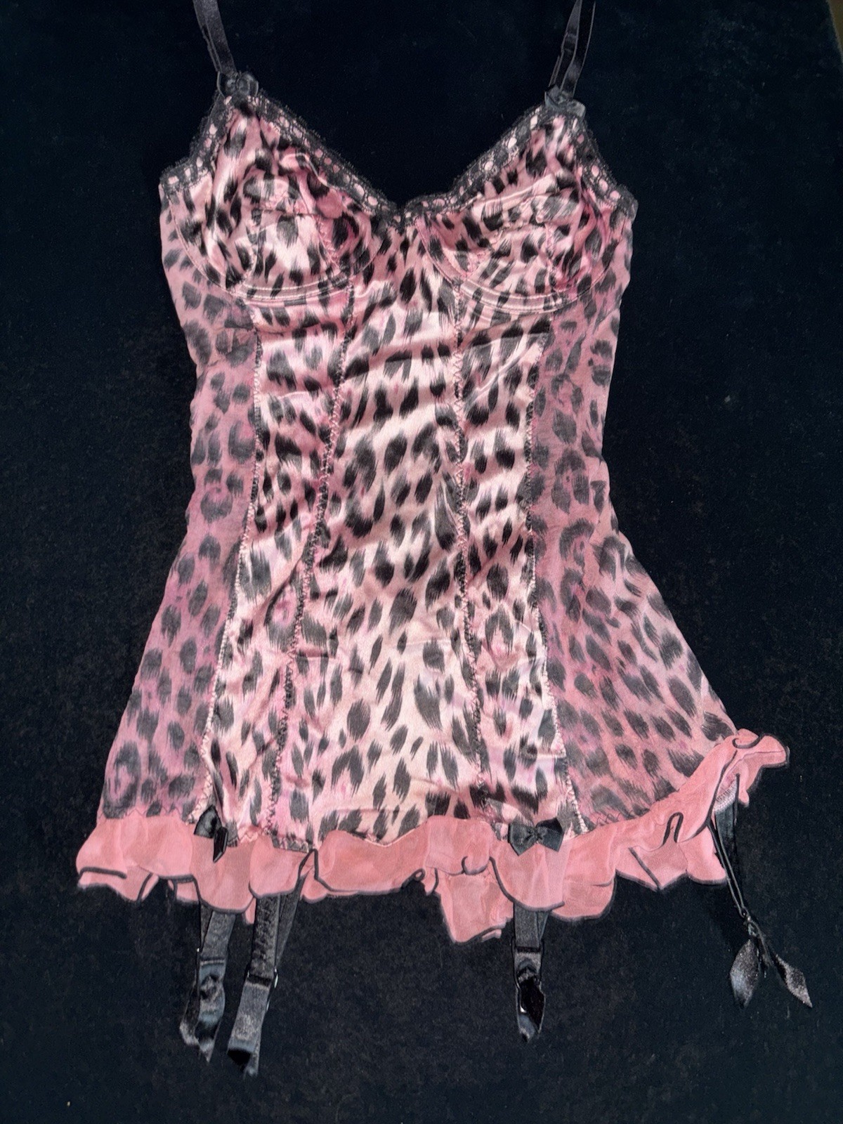 Vintage Victoria’s Secret Second Skin Satin Sissy Pink Leopard Teddy 36B