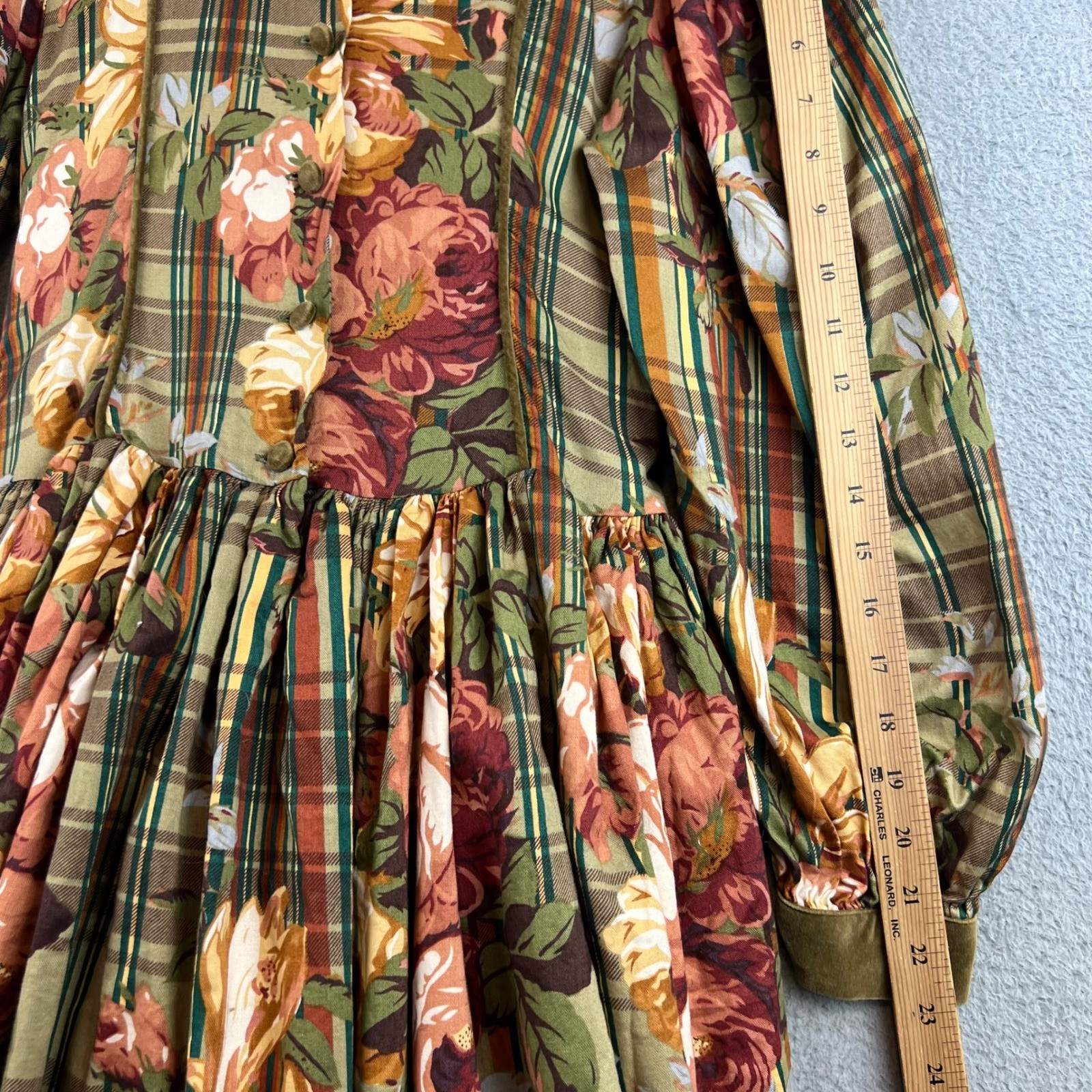 VTG Françoise Bouthillier Floral Plaid Dress Green Velvet Trim Midi Victorian