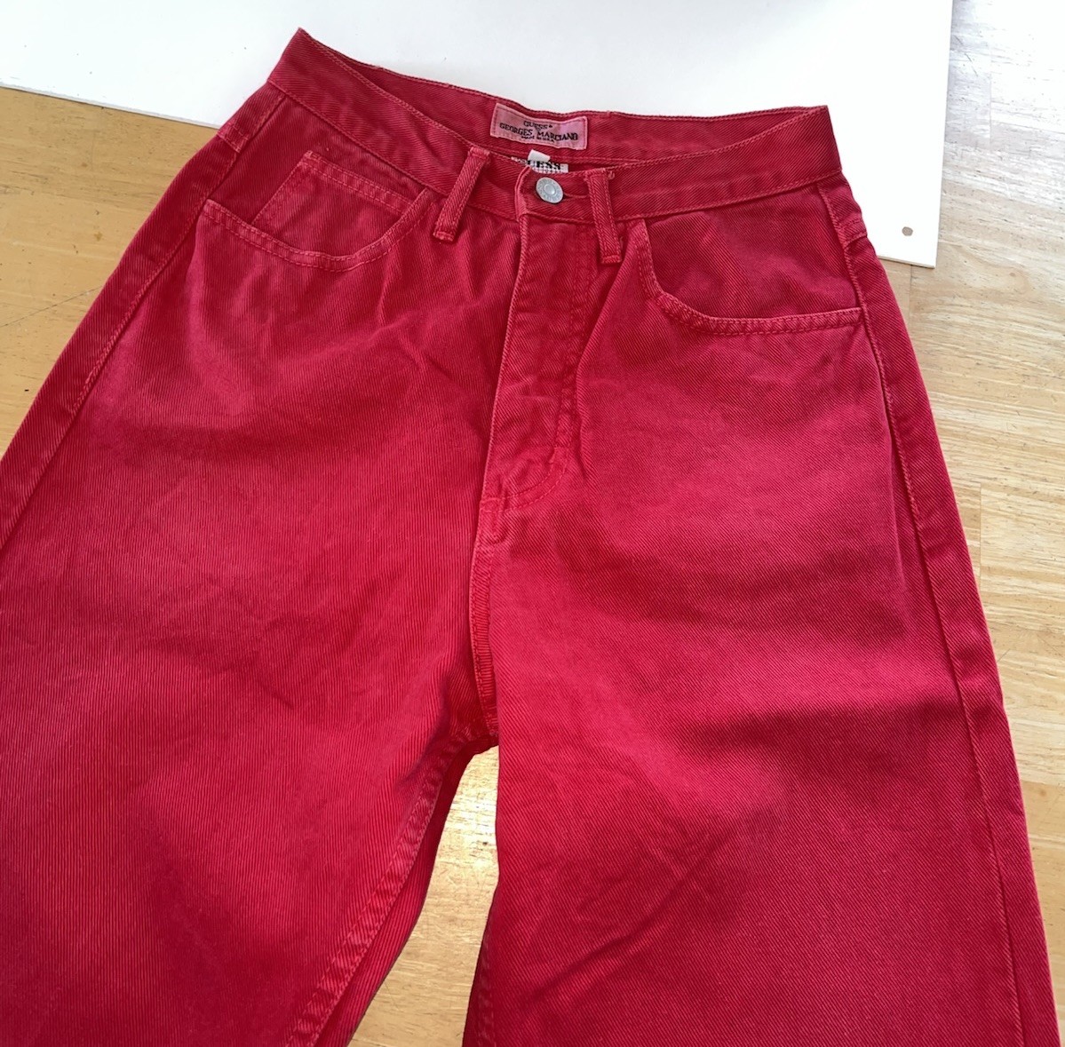 Vintage 1990s Guess Jeans High Rise Scarlet Red Denim Barrel Tapered Mom USA 28