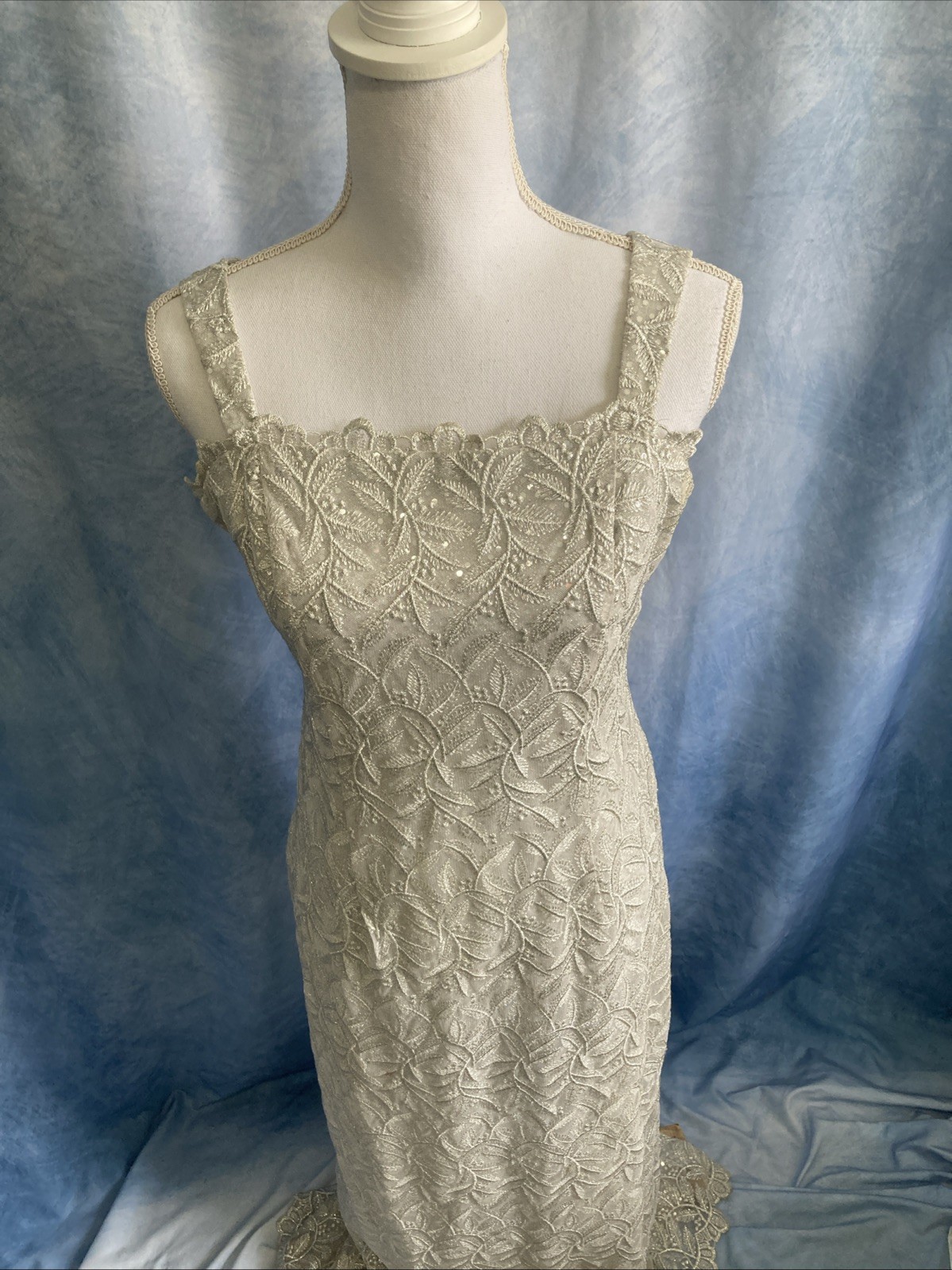 VTG 80s ASPEED USA Silver Lace Dress Jacket Set 2pc Formal Gown Prom Wedding Med