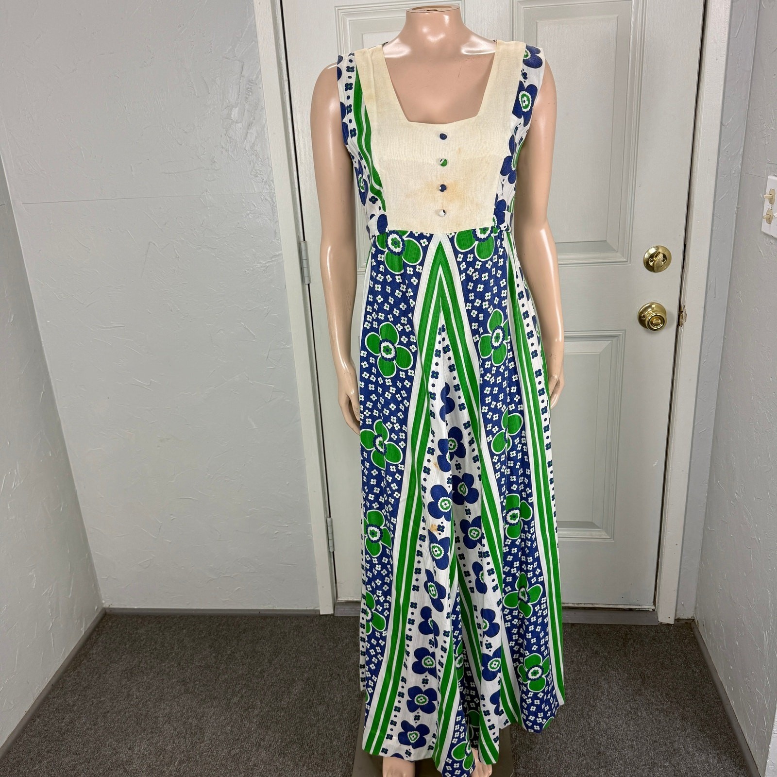 Vintage 70s Keone Women&rsquo;s Dress Cotton Floral Party Maxi Hawaiian Floral Mod M14