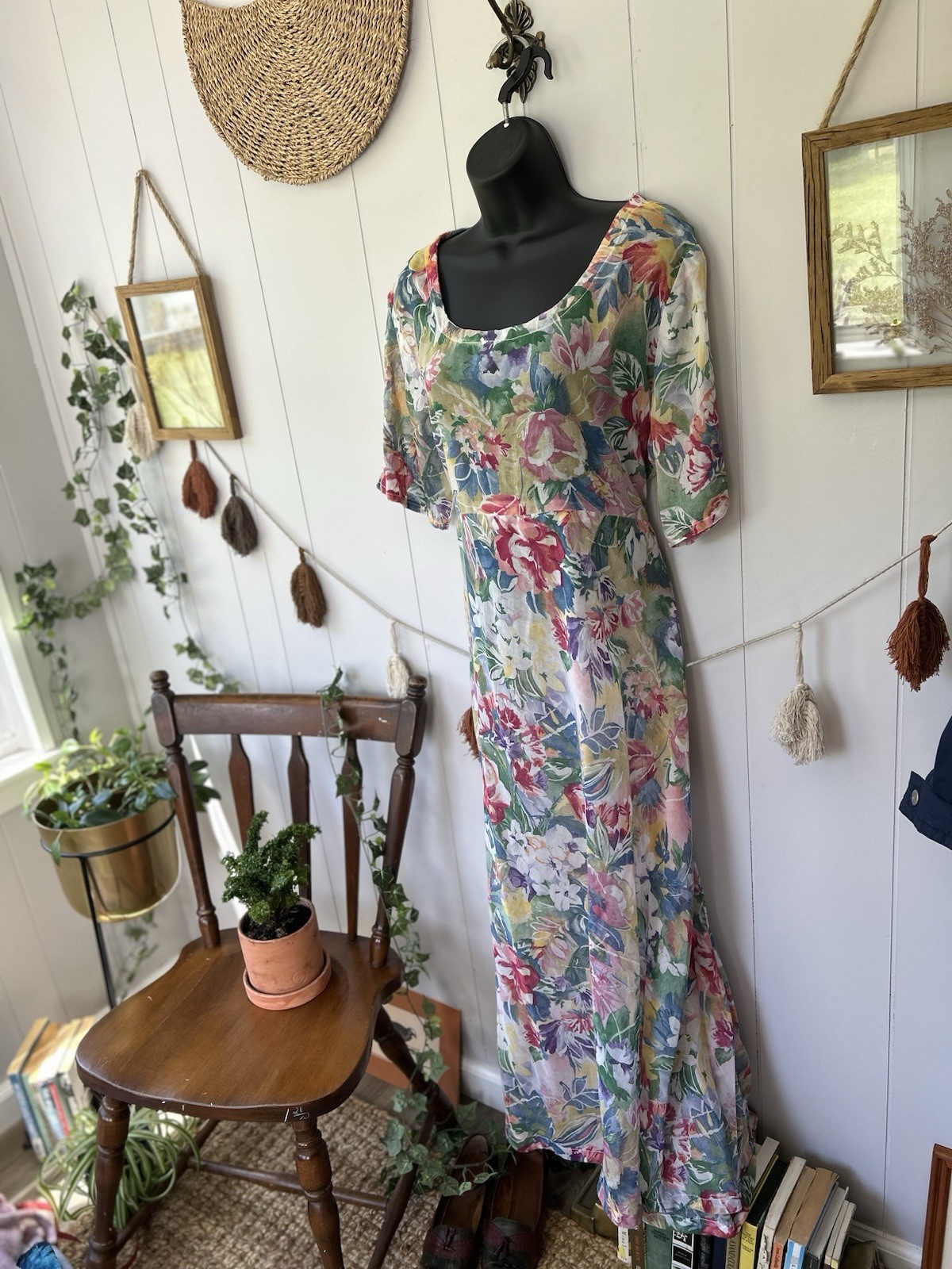 Vintage 90s Watercolor Floral Maxi Dress Sheer Chiffon Kimono Sleeve Boho M L