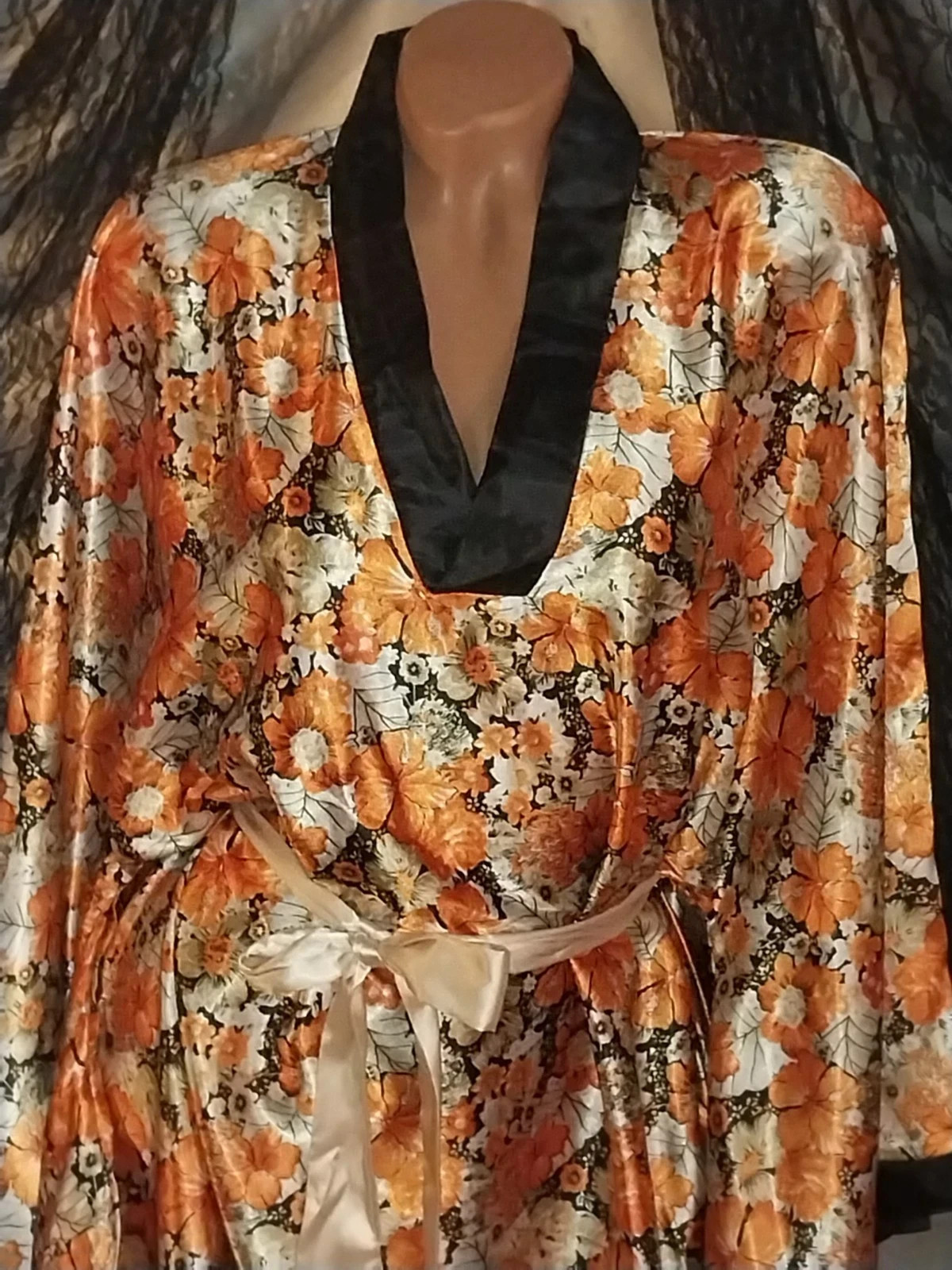 Vtg CAFTAN KIMONO SILVER ORANGE FLORAL LIQUID BALLON MAXI LONG DRESS GOWN 46 48