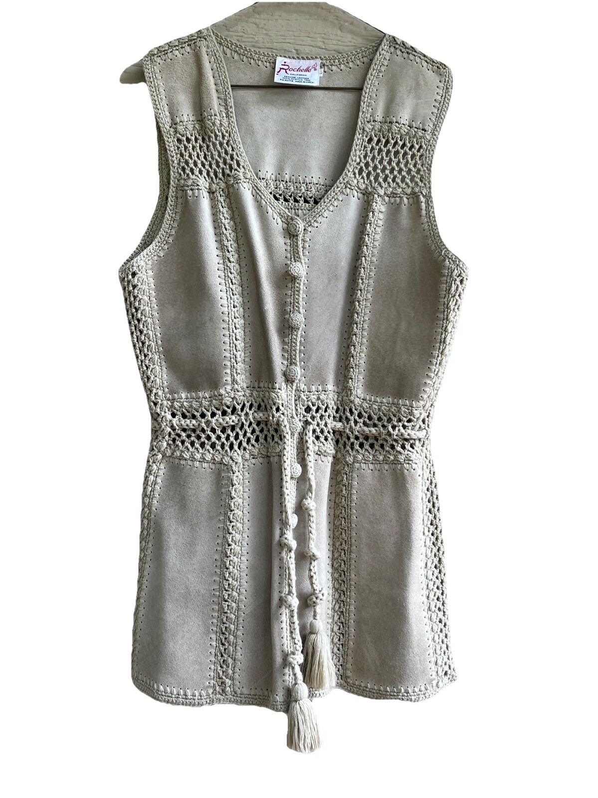 Vintage 70’s Rochelle Calif Suede Leather Crochet Wms L Vest Khaki Boho Western