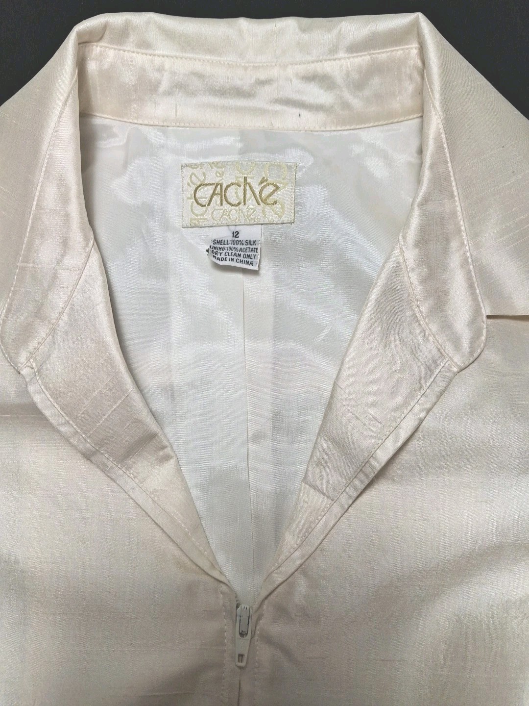 VTG Cachet Ivory 100% Silk Embroidered Evening Jacket Sz 12 Zip Front 3/4 Sleeve