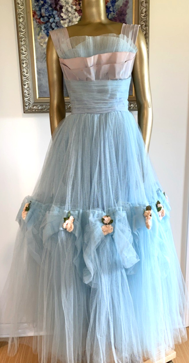 VINTAGE Grand Baby Blue 50&rsquo;s Tulle & Taffeta Prom Gown w Flowers XS Dress