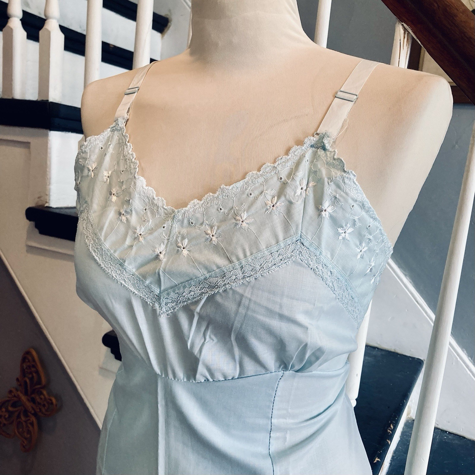 1970s Poly cotton Eyelet Lace Midi Slip Pastel Baby Blue Lingerie Pinup Hippie