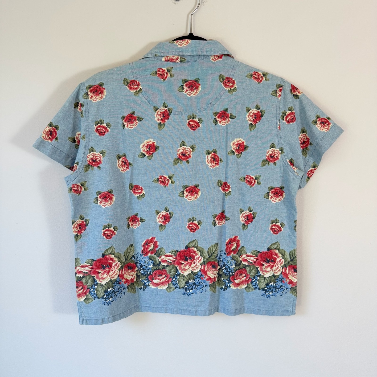 Vtg 90s Shirt Chambray Button Up Floral Cottagecore Roses Blue Cotton S/M