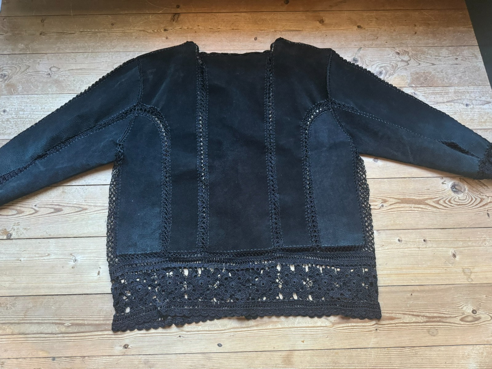 Vintage Leather Jacket Black Crochet Lace Boho Gothic Oversized 44 46 48