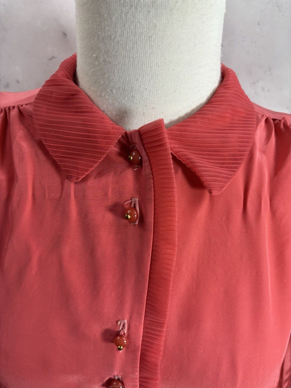 VTG 1940s Pink Button Up Blouse Pink Pleated Collar Retro Rockabilly 40s S Pinup