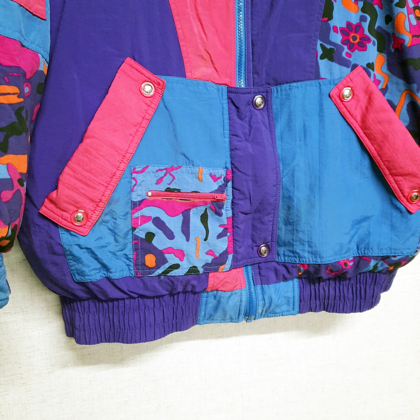 Vintage 1980s Nine Below Ski Jacket Down Coat Color Block Pink Purple Blue