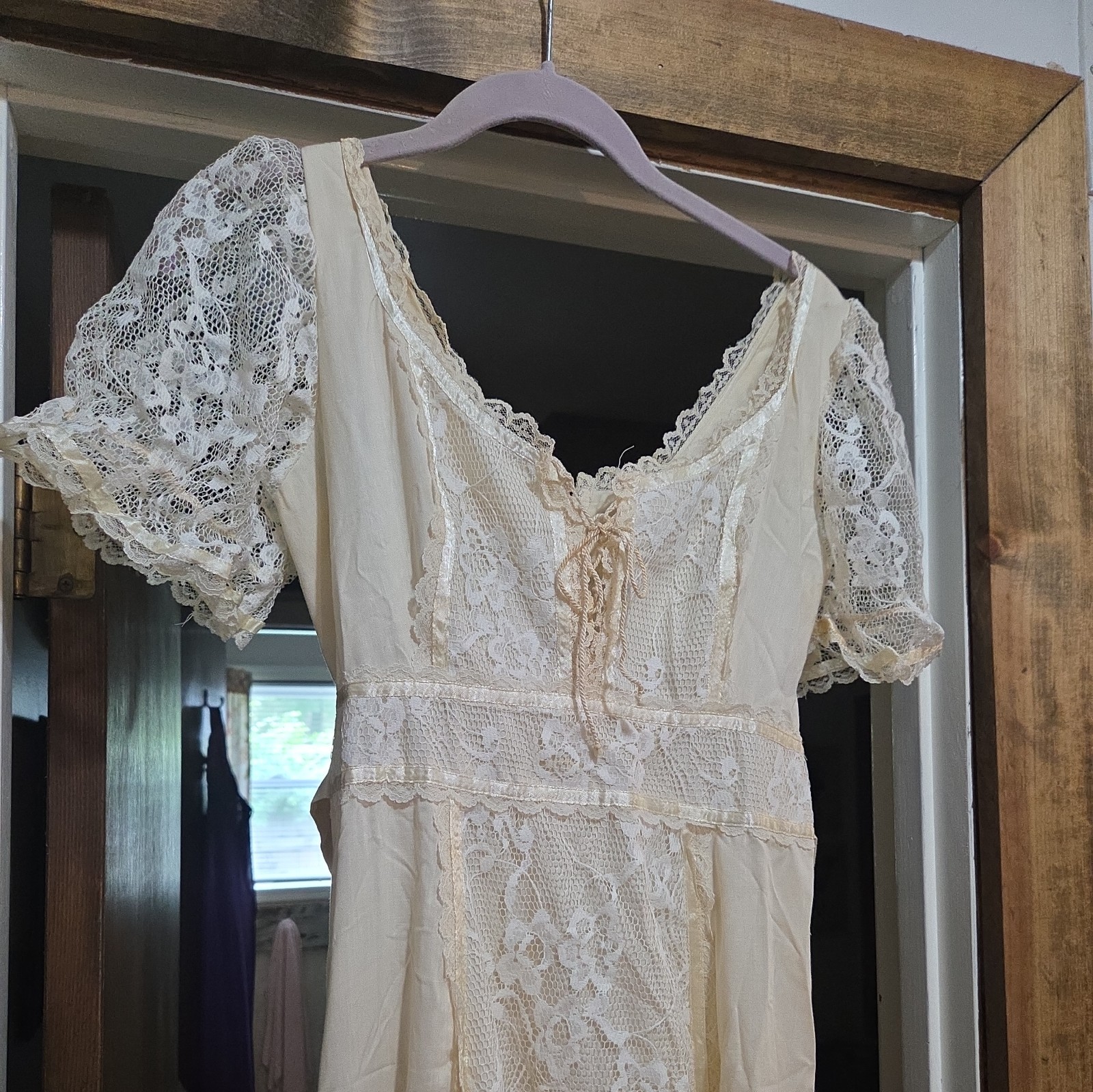 Vintage 70s dress Cream Lace Prairie Maxi Dress Cottagecore Boho size SMALL