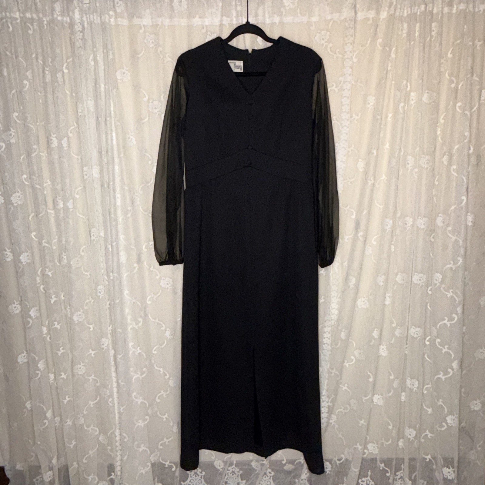 Vintage Puritan Forever Young Long Black Maxi Dress Sheer Sleeves Medium